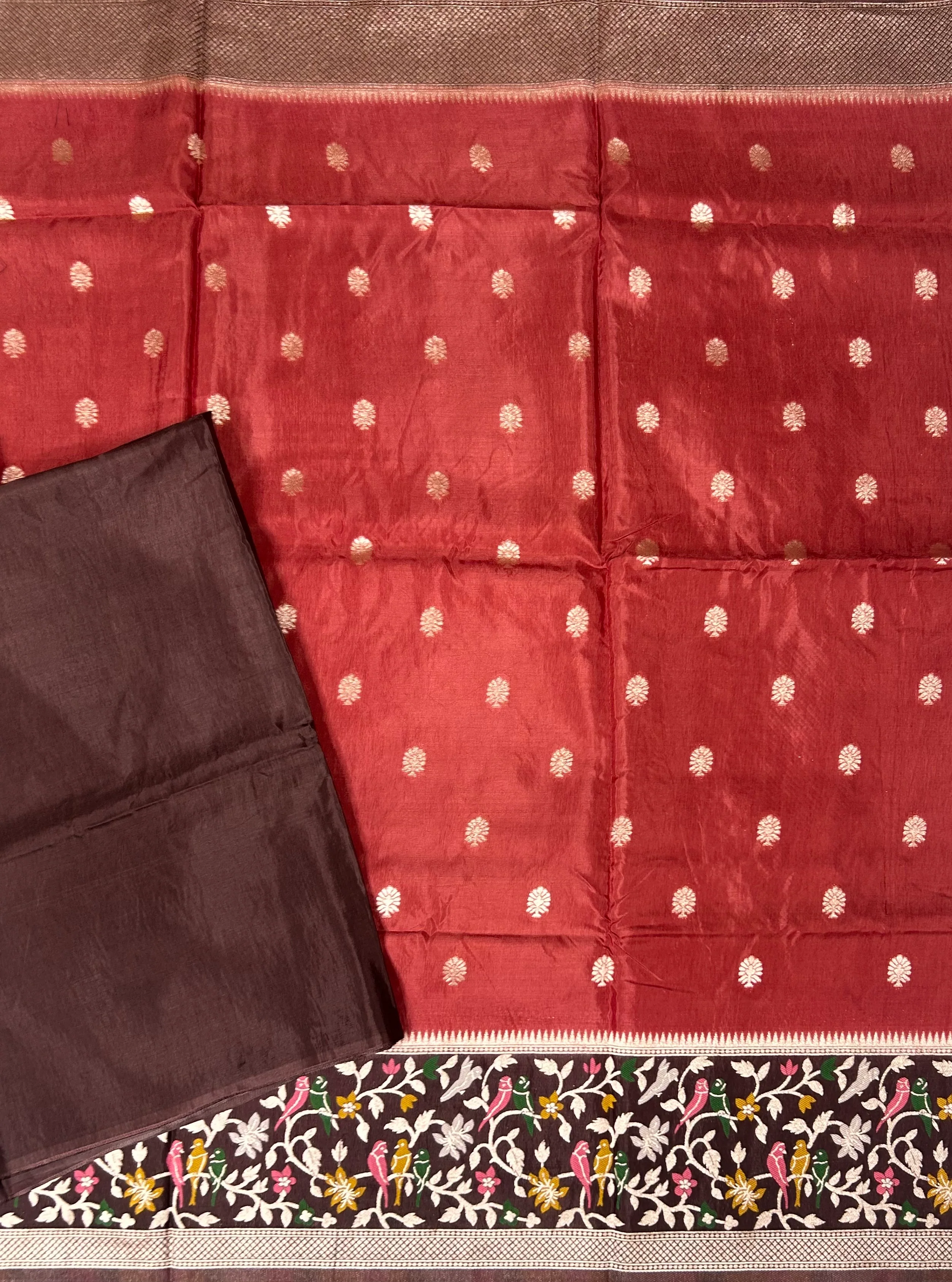 Brick red n brown crepe paithani border saree - Image 3