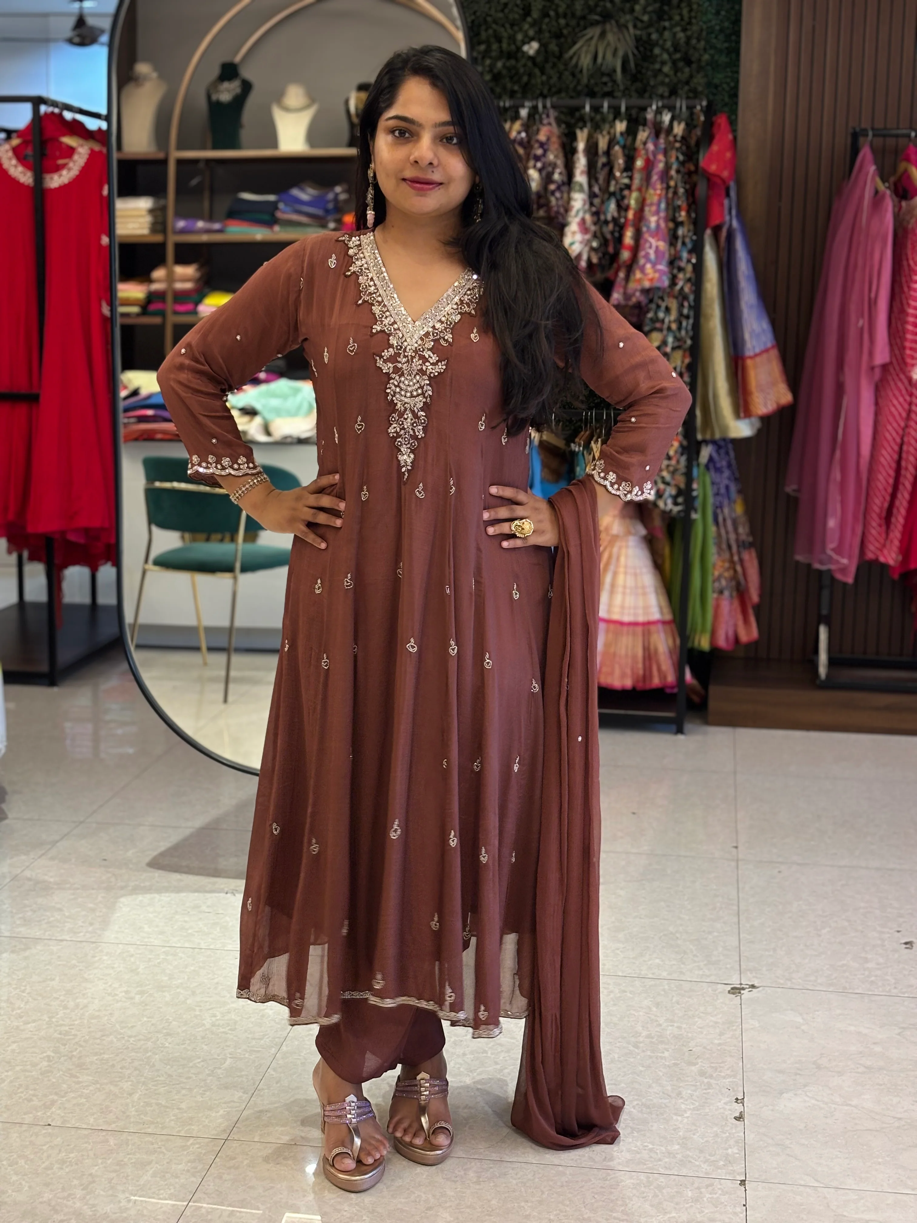 Brown Anarkali Chinnon Hand Embroidery Kurtha 567 - Image 2