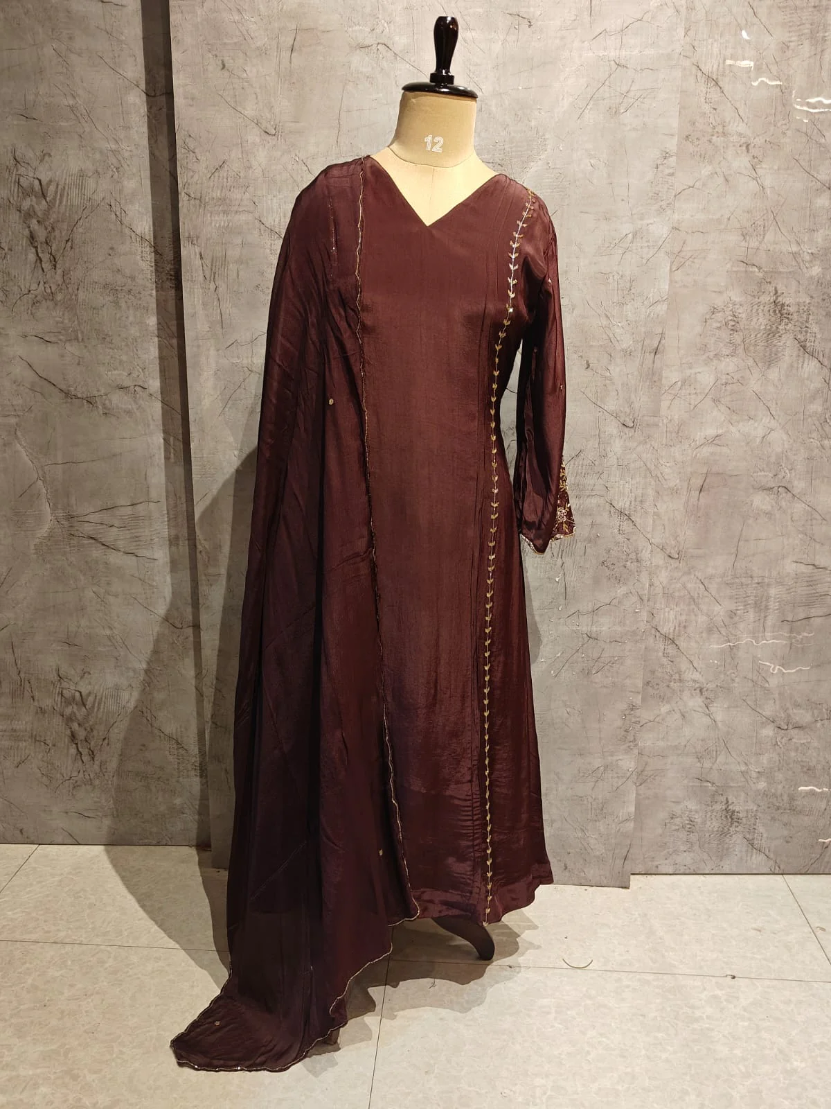 Brown Chinnon Hand Embroidery Airline Kurtha 673 - Image 2