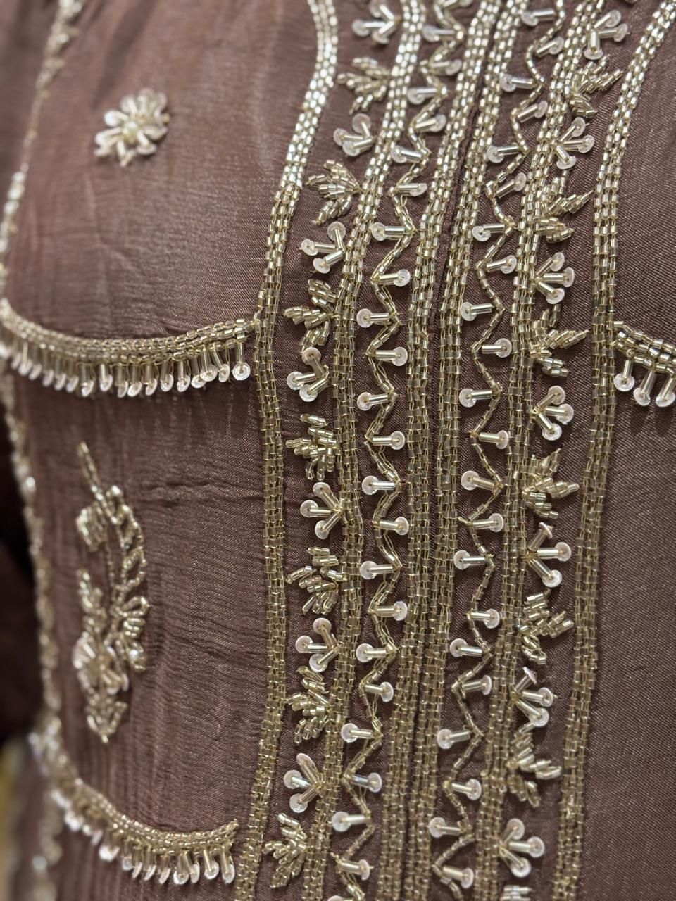 Brown Chinnon Hand Embroidery Sharara Kurtha 901 - Image 4