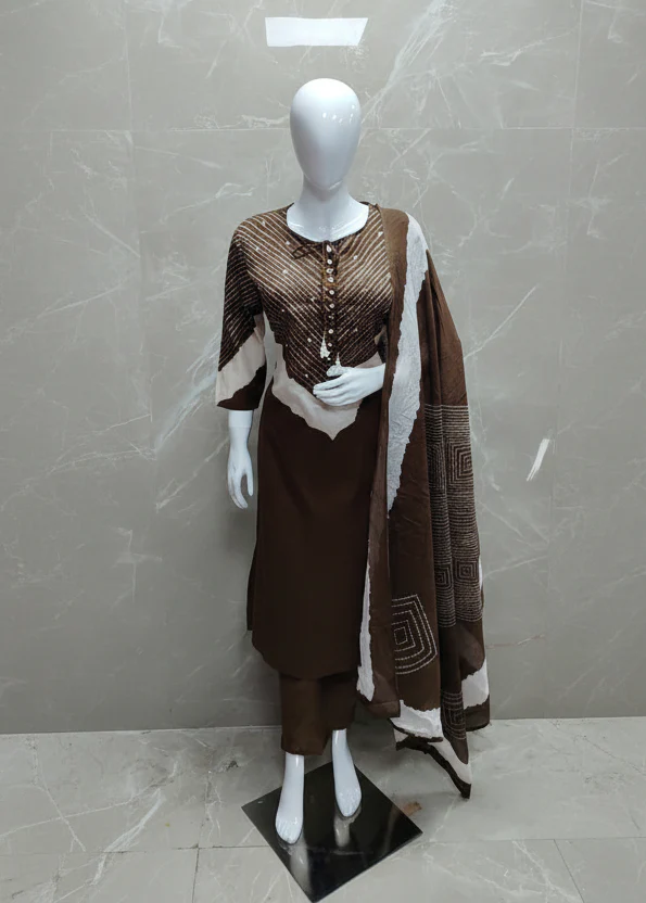 Brown Cotton Hand Embroidery Straight Fit Kurtha - Image 2