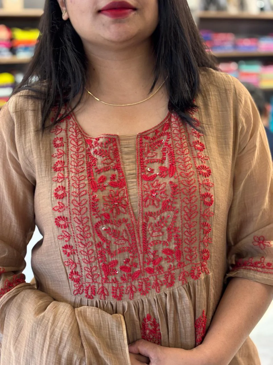 Light Brown Mul Chanderi Hand Embroidery Airline Kurtha 935 - Image 3