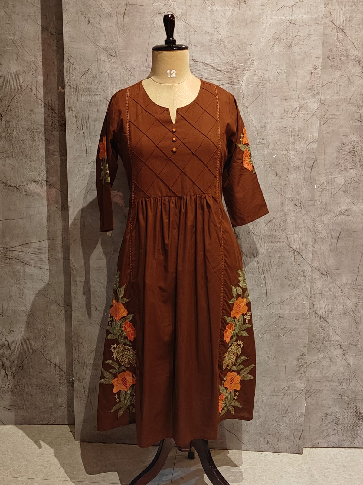 Brown Mul Cotton Thread Embroidery Airline Kurtha - Image 3