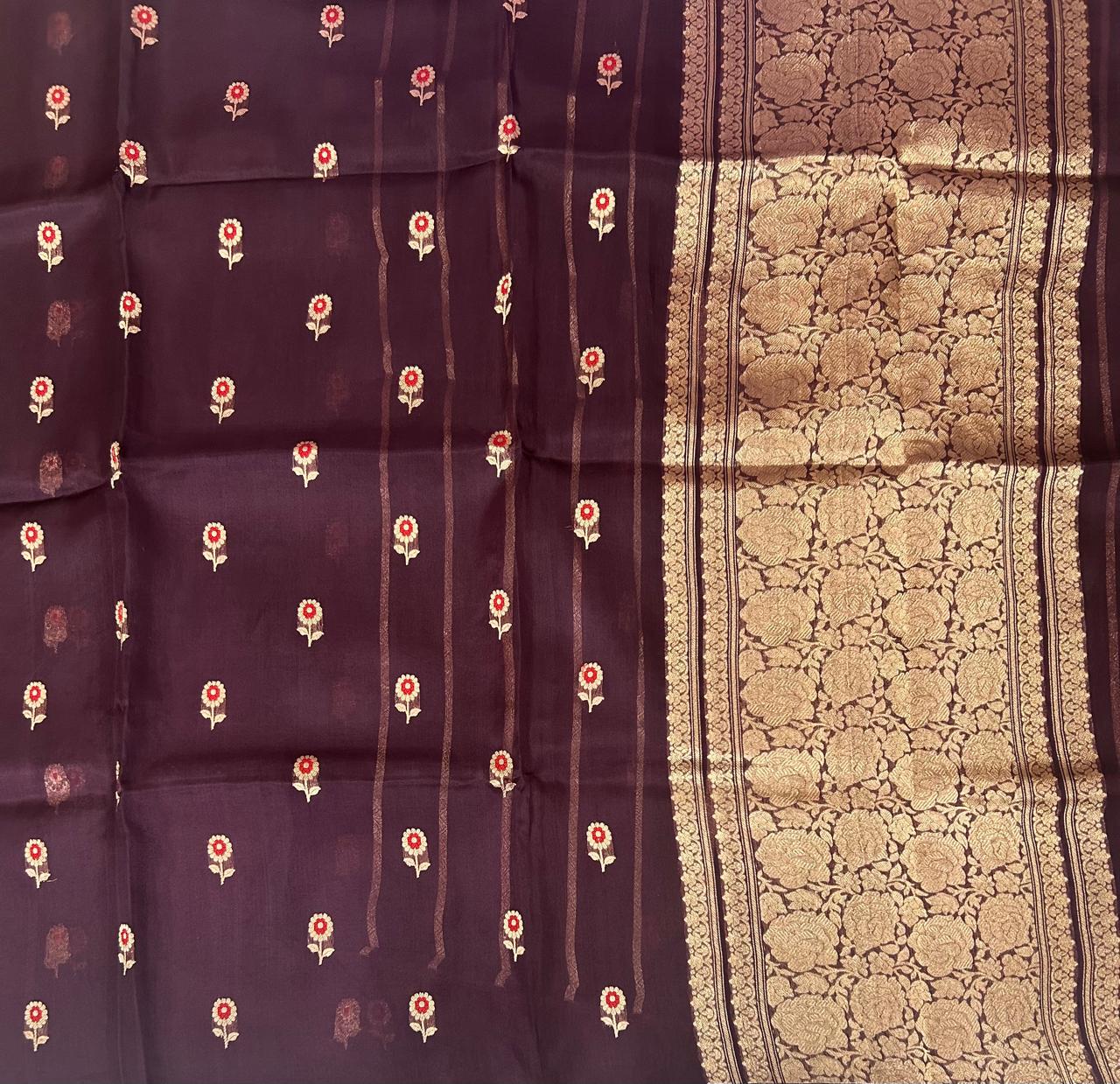 Brown small butta pure kora organza-11 saree - Image 2
