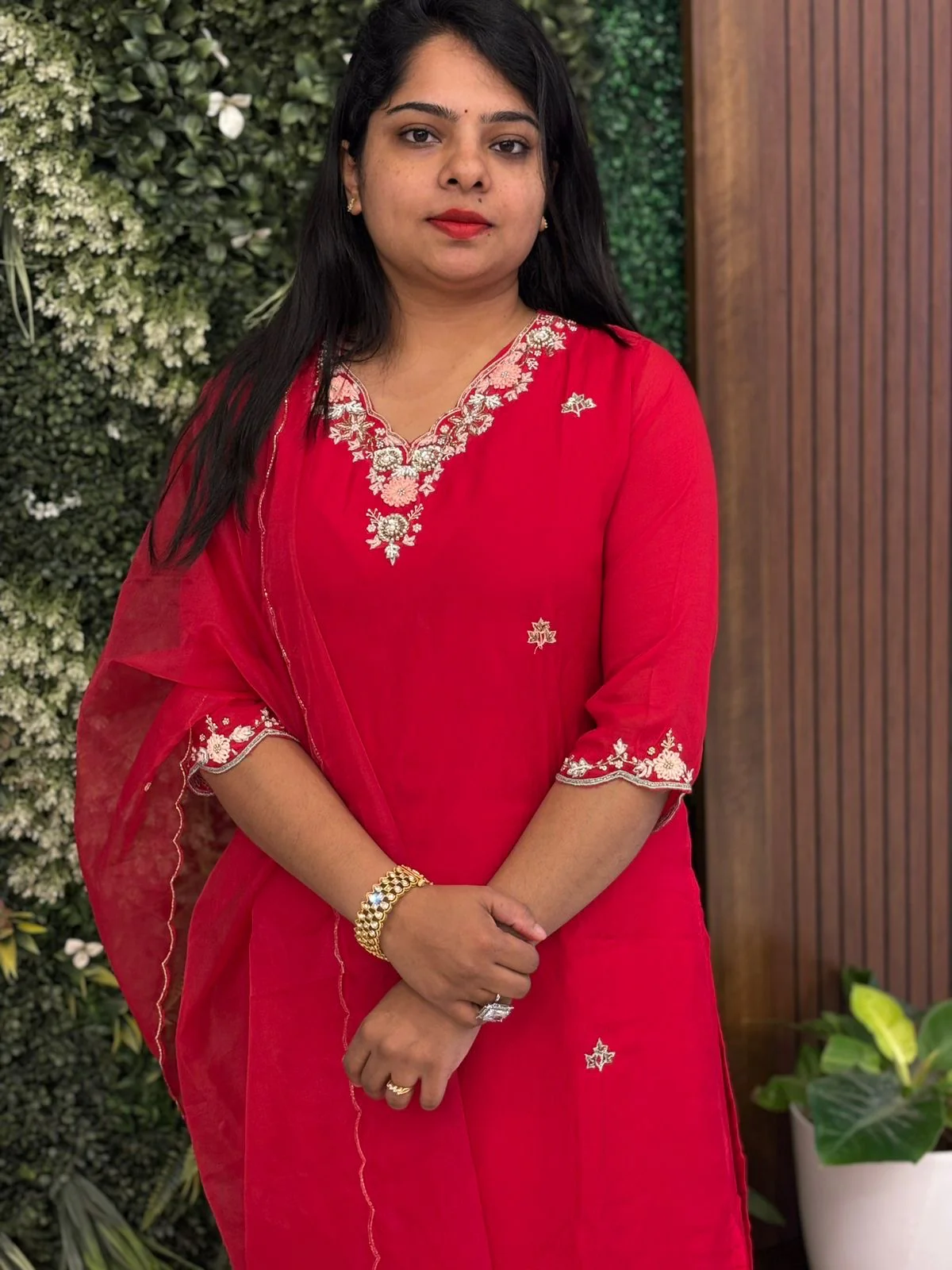Cerey  Red pure organza palazzo kurtha suit with embriodery - Image 5