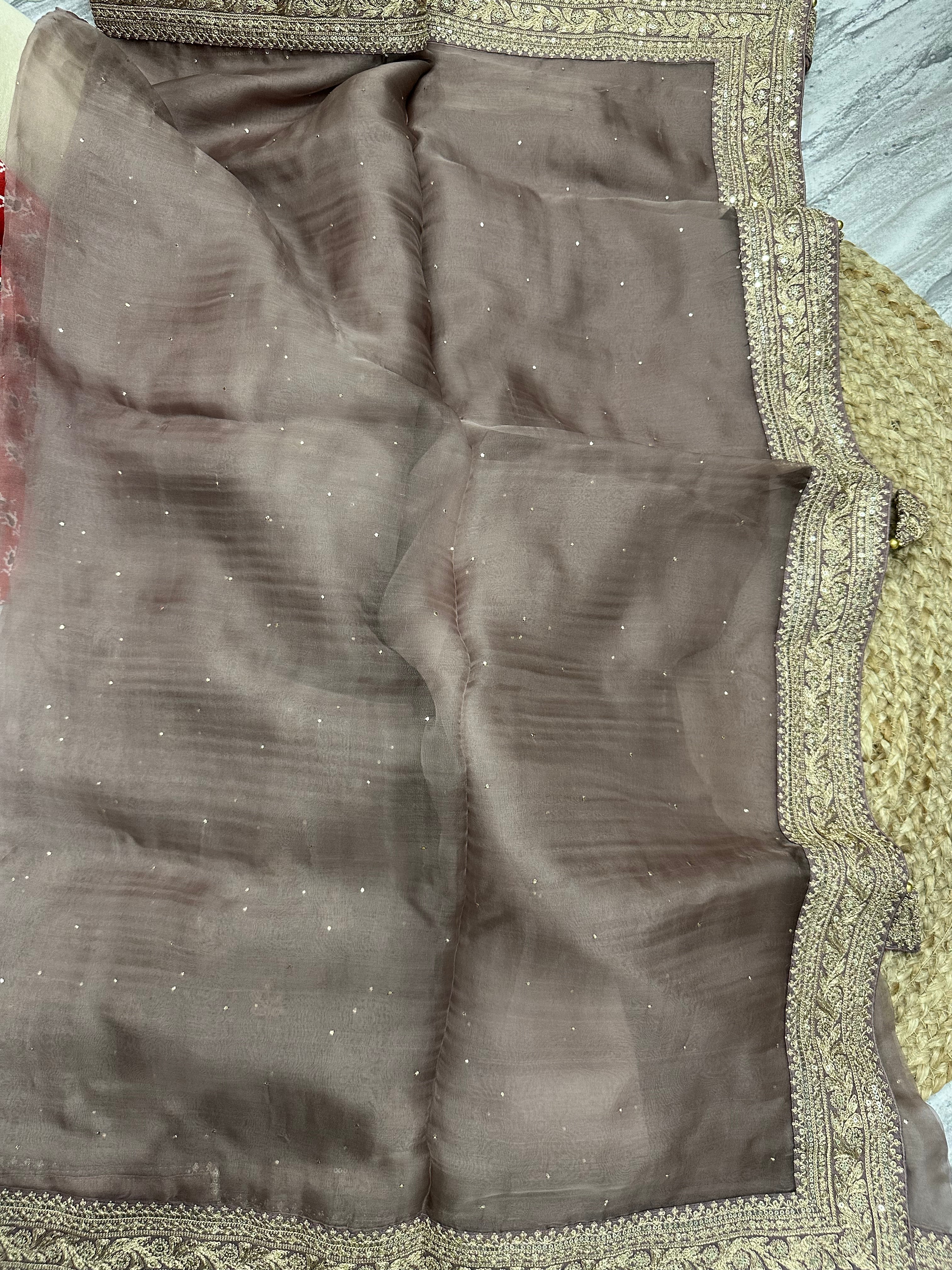 Dark mauve sabyasachi inspired pure organza saree - Image 6