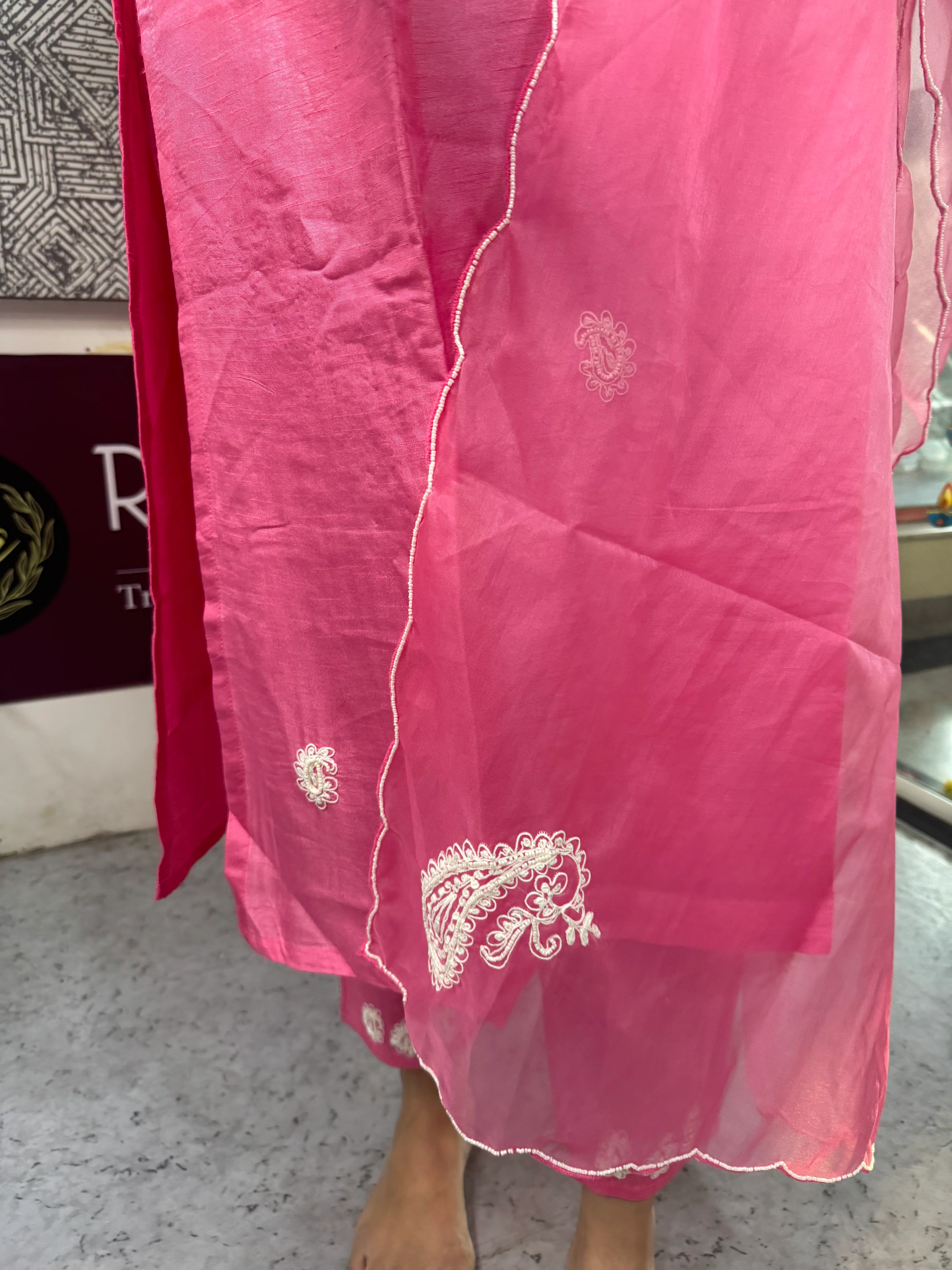 "Meera" Pink silk Kurtha suit with Pearl work - Image 3