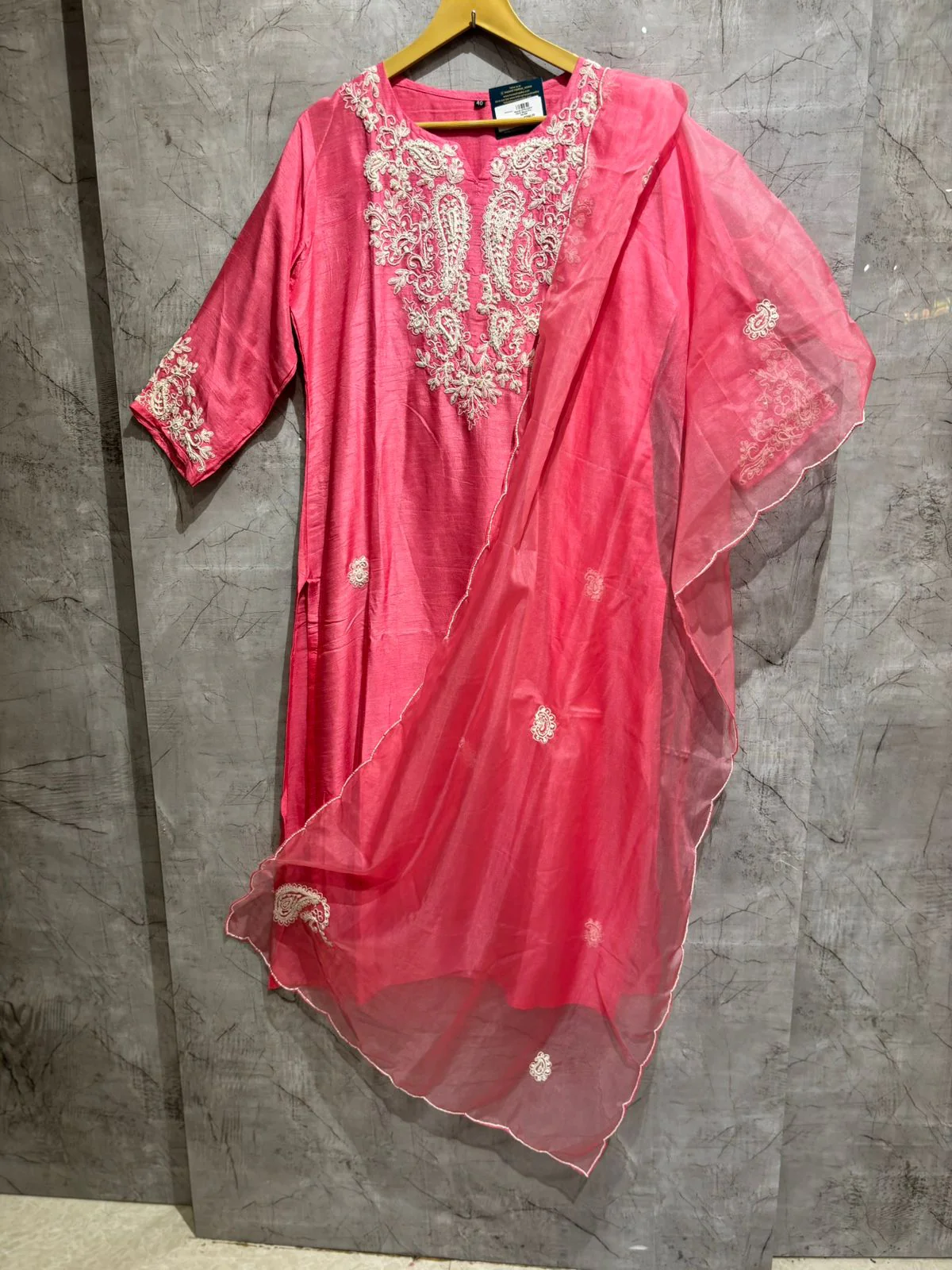 "Meera" Pink silk Kurtha suit with Pearl work - Image 4