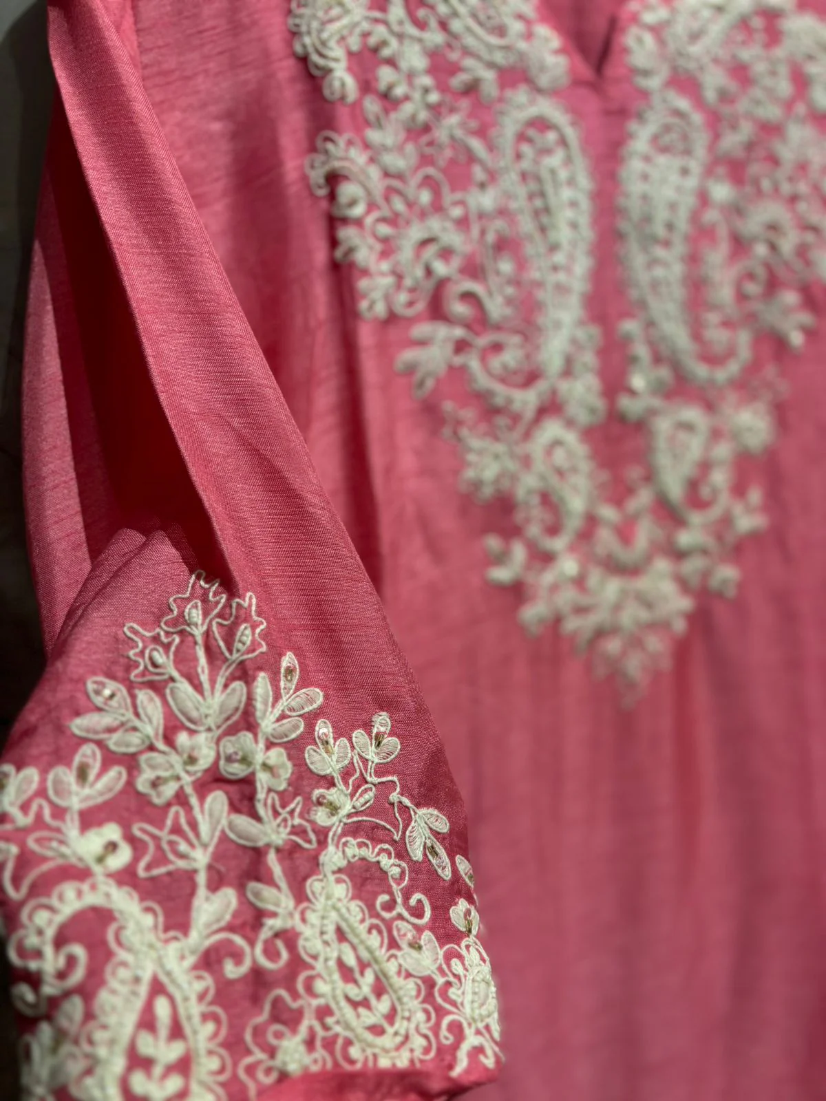 "Meera" Pink silk Kurtha suit with Pearl work - Image 5