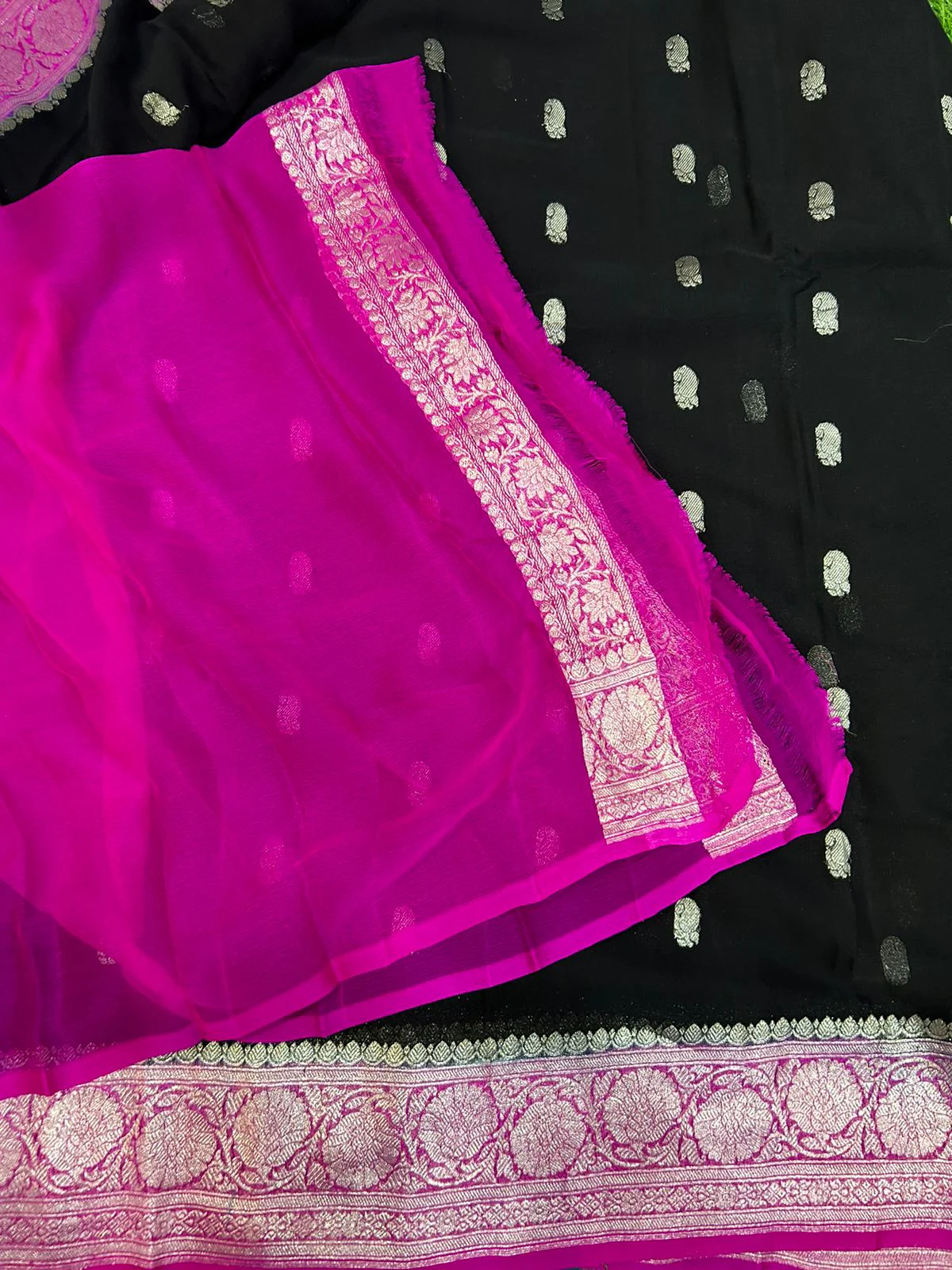 Black n pink 01 silver zari pure chiffon - Image 4
