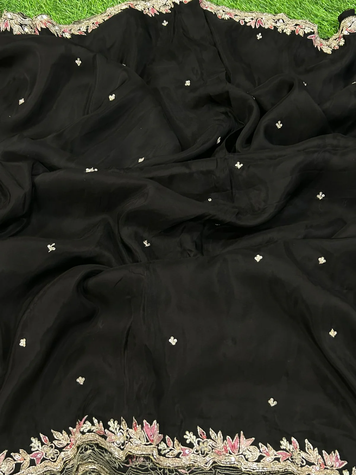 Black hand work designer party wear satin silk saree - Image 3