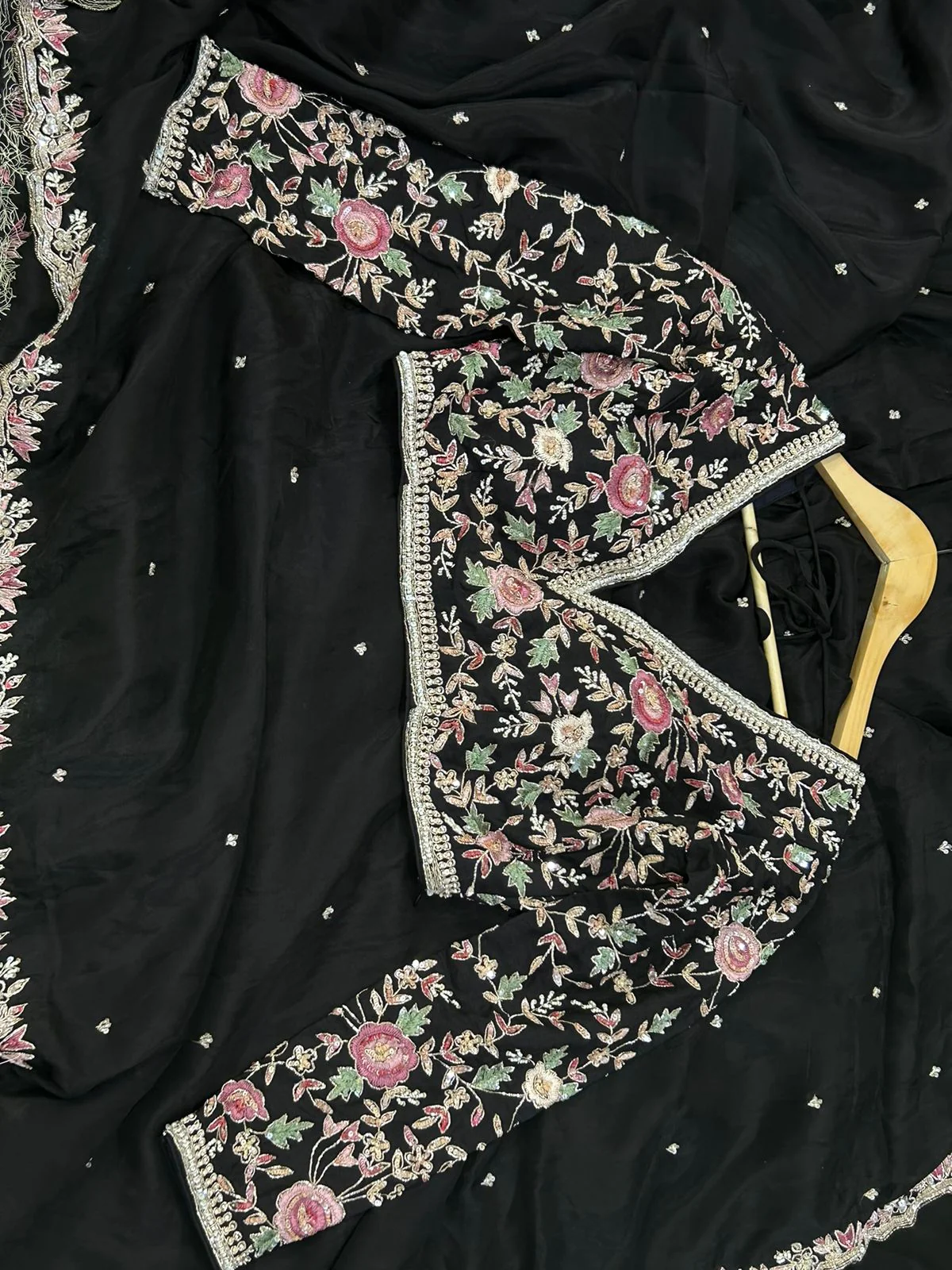 Black hand work designer party wear satin silk saree - Image 4