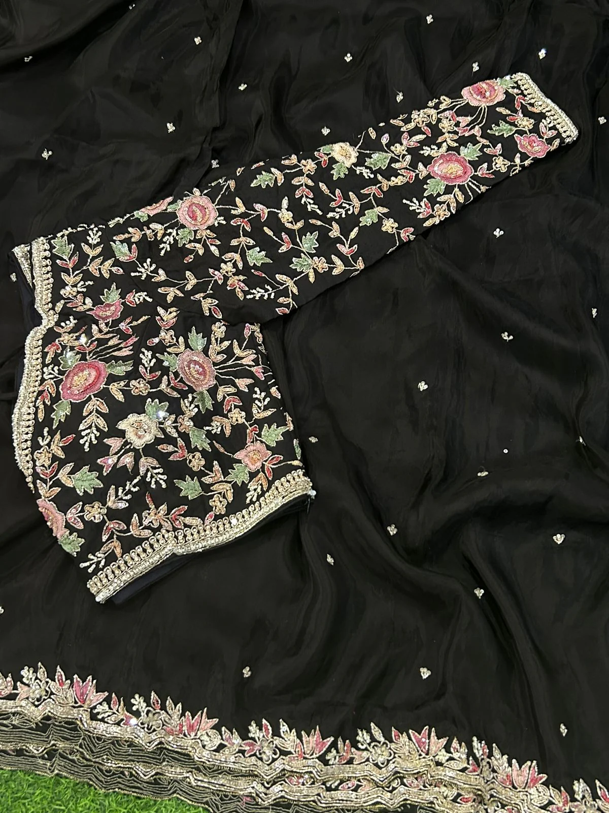 Black hand work designer party wear satin silk saree - Image 5