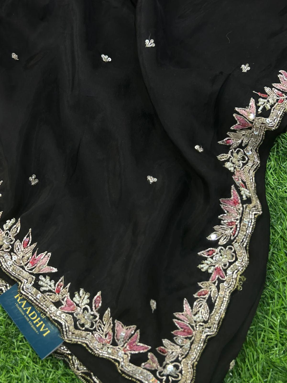 Black hand work designer party wear satin silk saree - Image 6