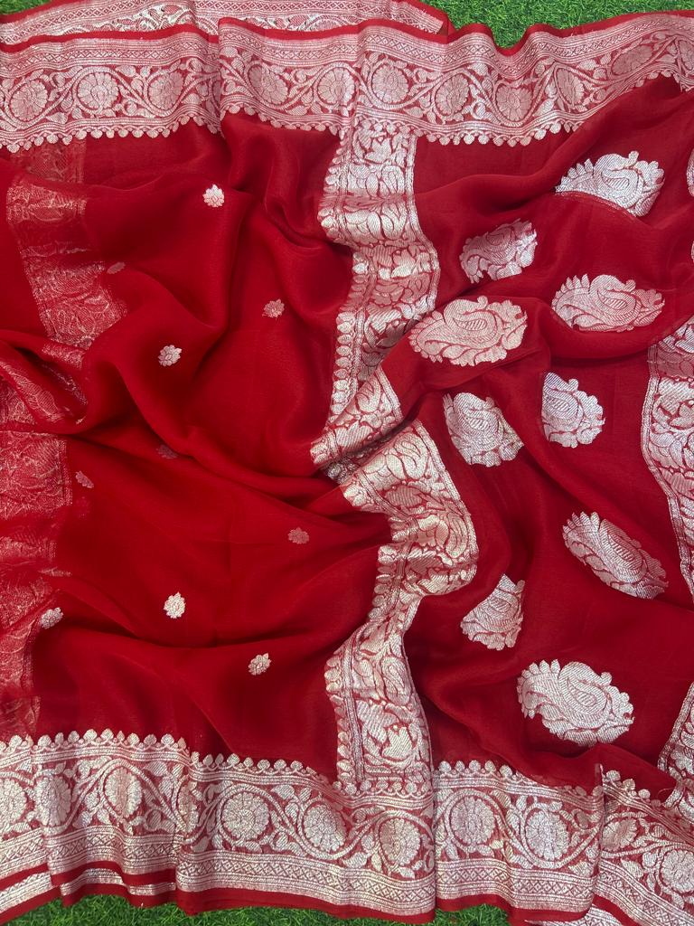 Bright red benarasi pure chiffon - Image 5