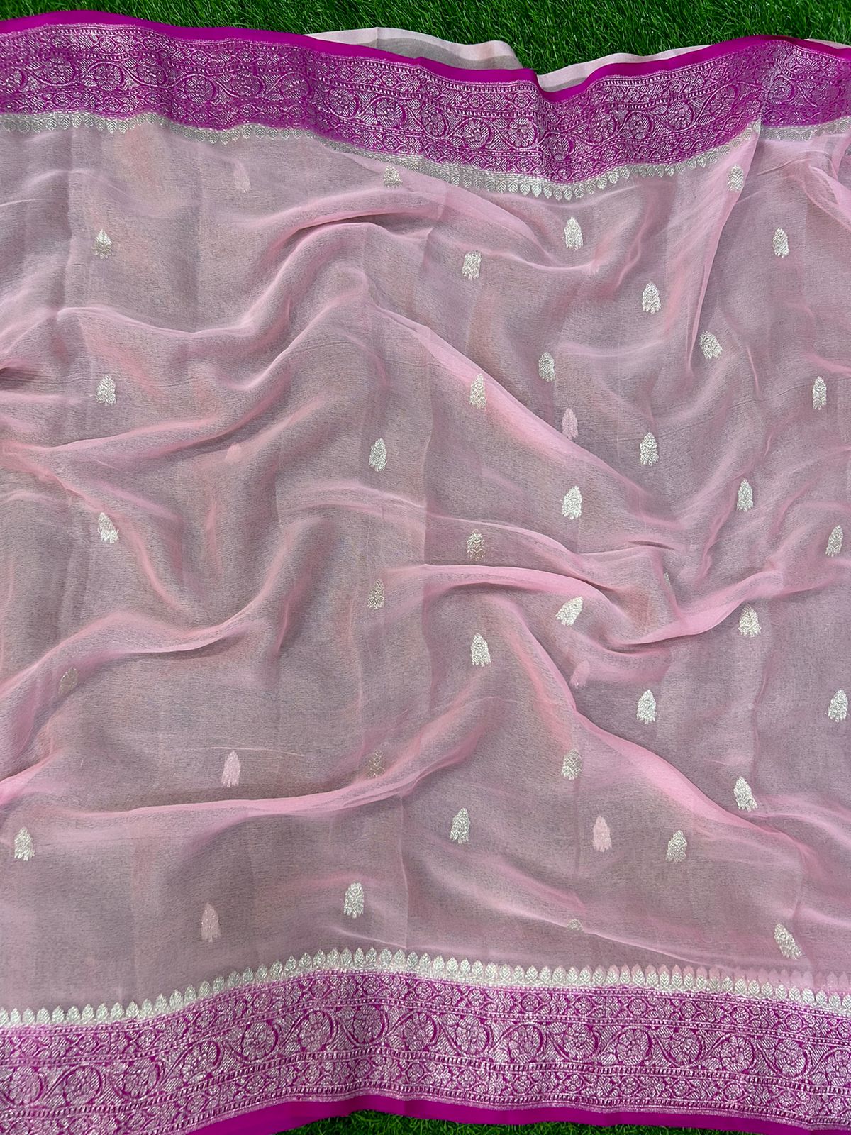Baby pink with rani pink benarasi pure chiffon - Image 3
