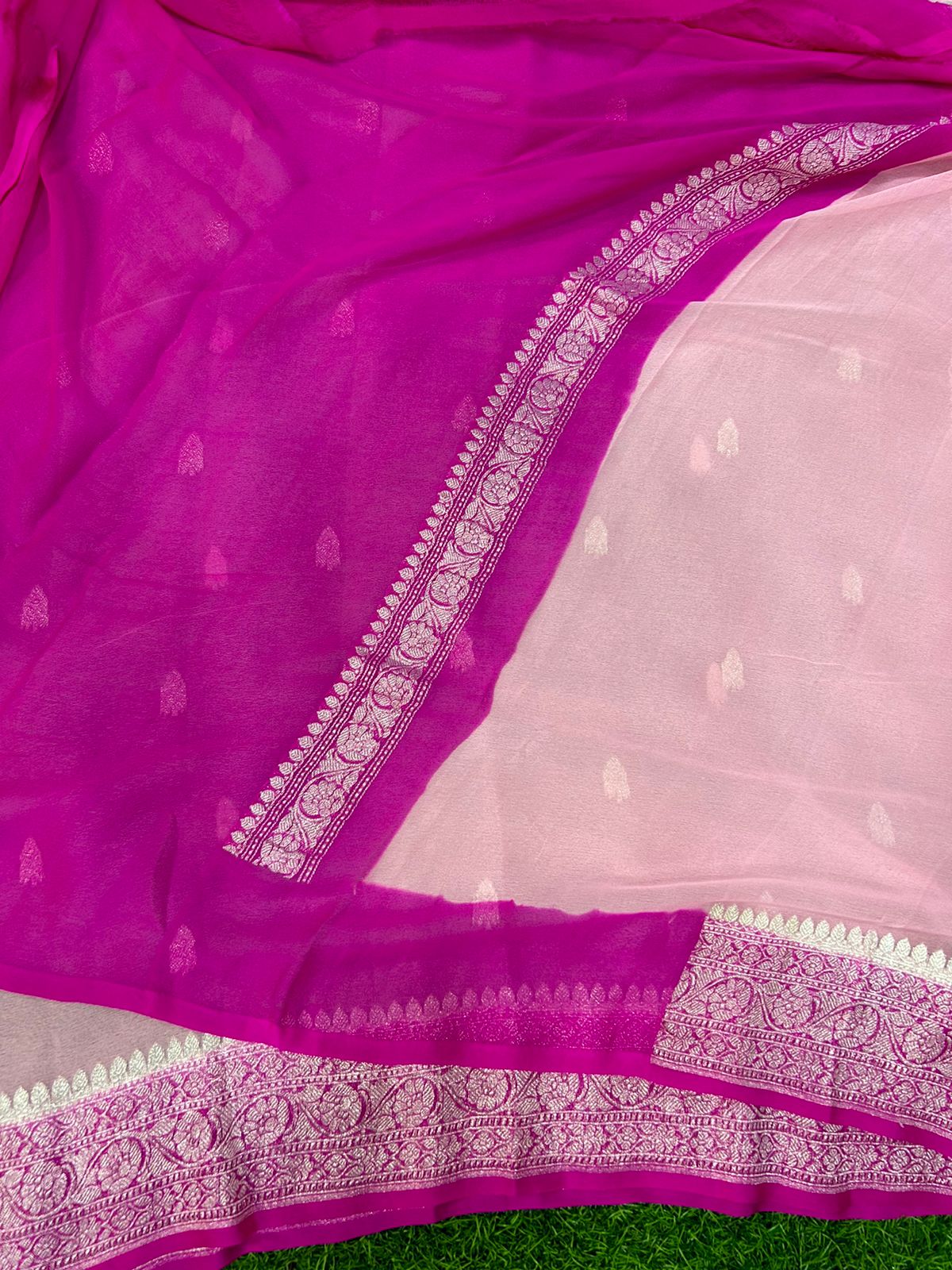 Baby pink with rani pink benarasi pure chiffon - Image 4