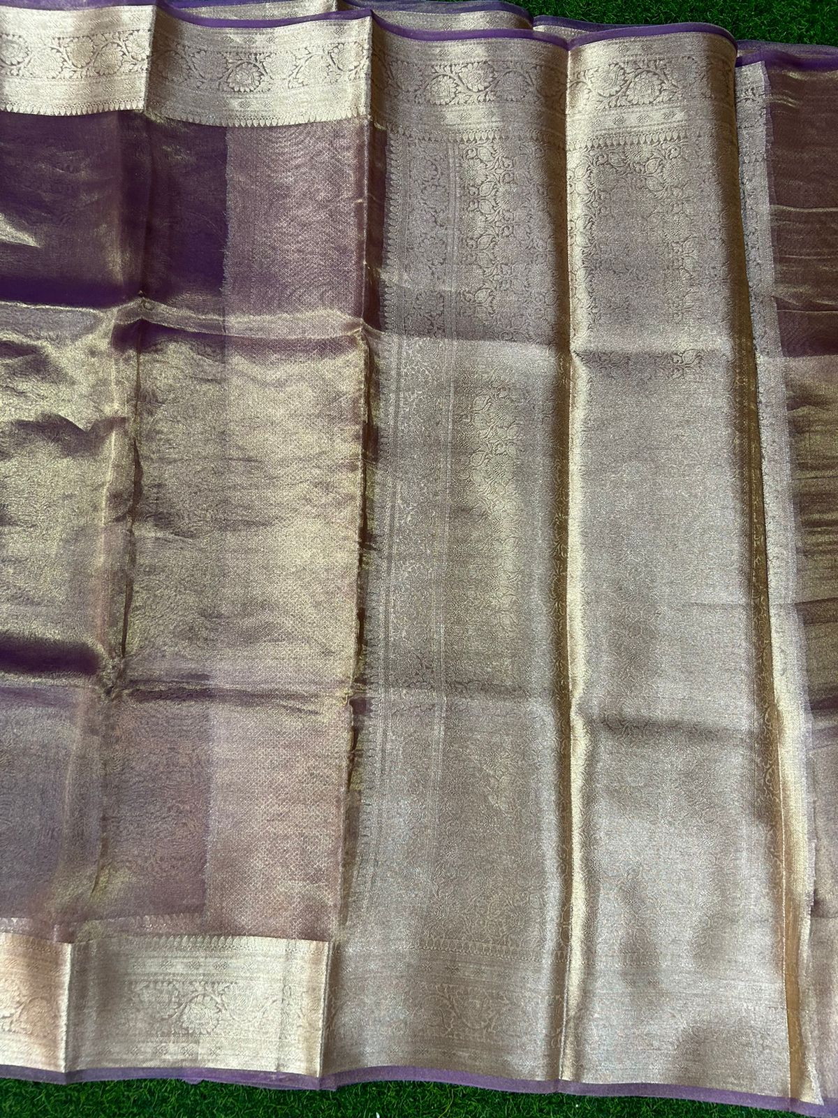 Purple 01 golden plain pure tissue saree - Image 3