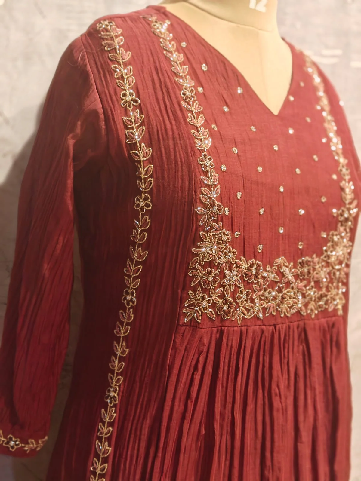 “Pani" Brown Mul Chanderi silk Kurtha suit with work hand embroidery 898 - Image 6