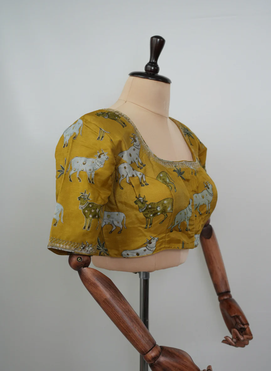 Mustard yellow pichwai silk blouse - Image 3