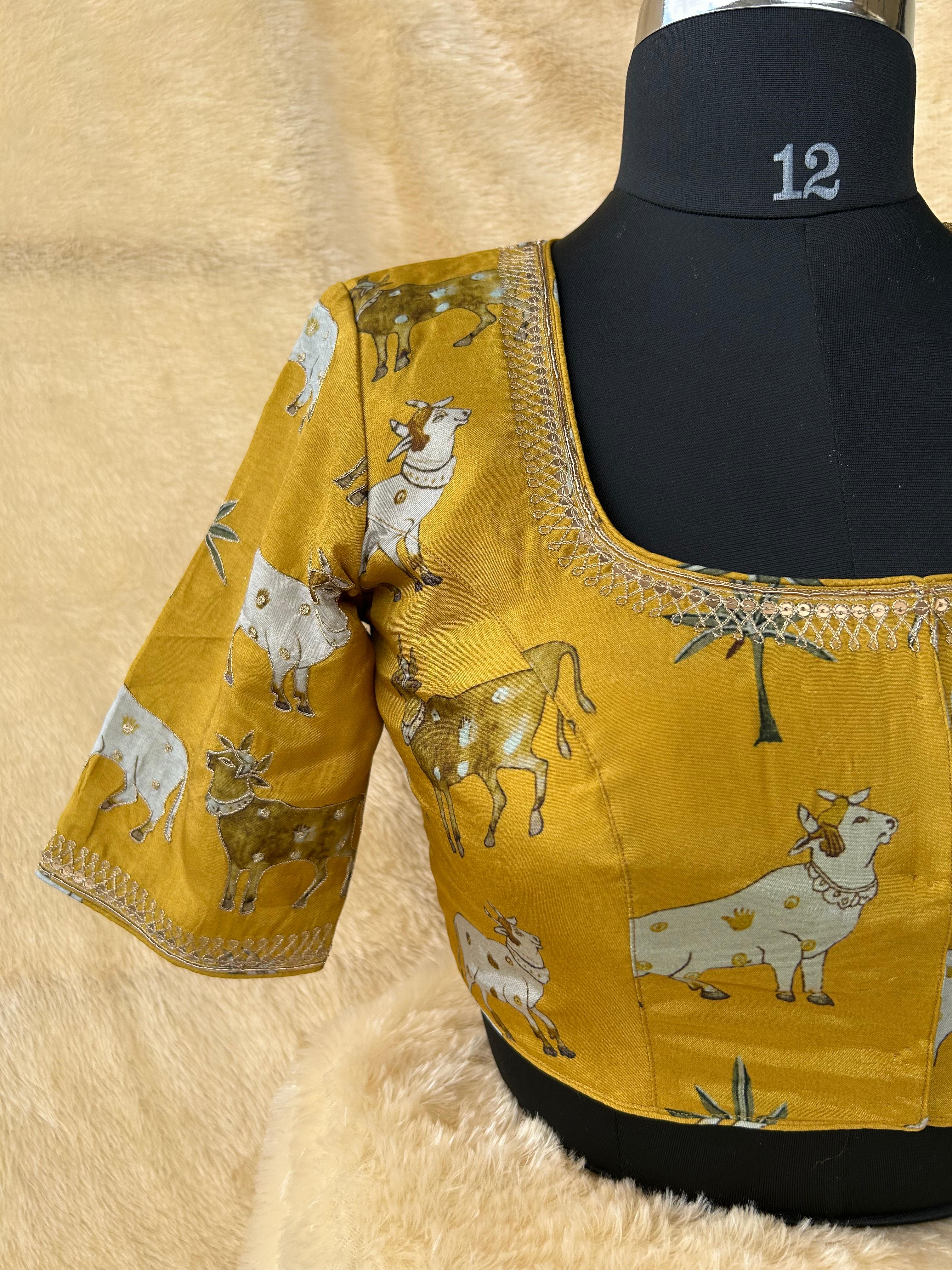 Mustard yellow pichwai silk blouse - Image 4