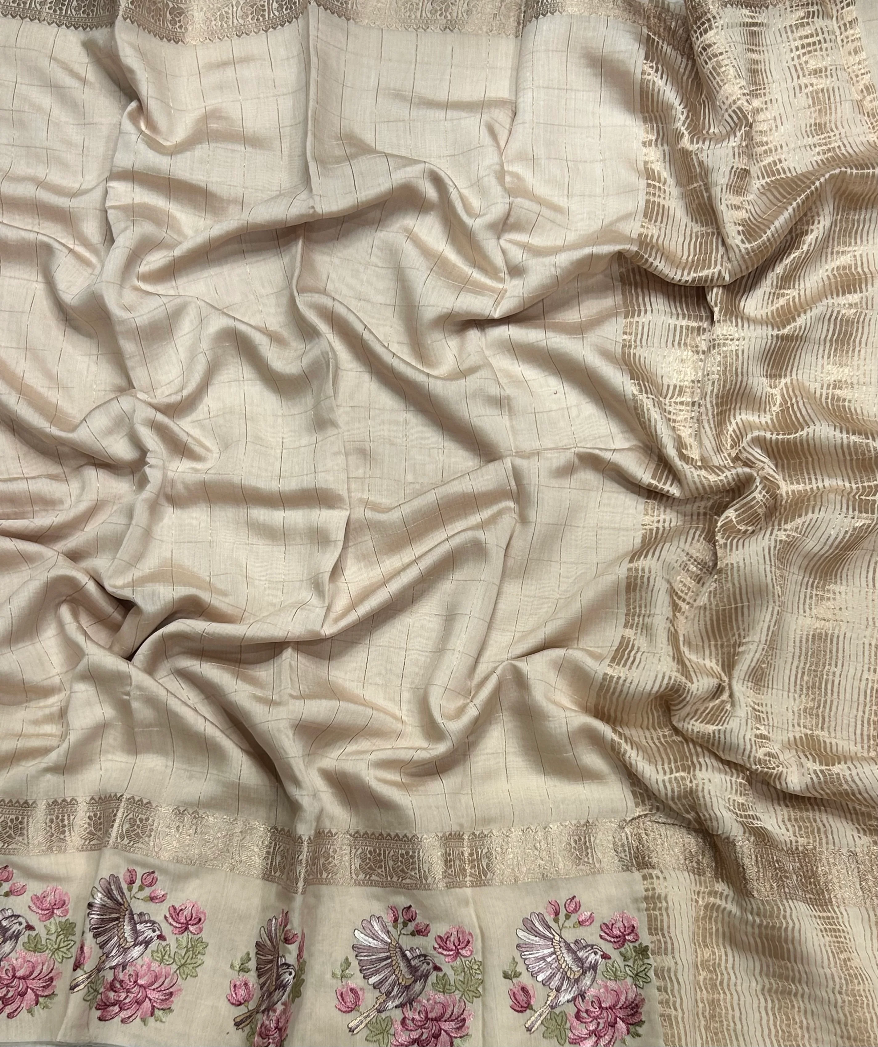 Cream checks embrodiery soft tussar crepe 104 saree - Image 2