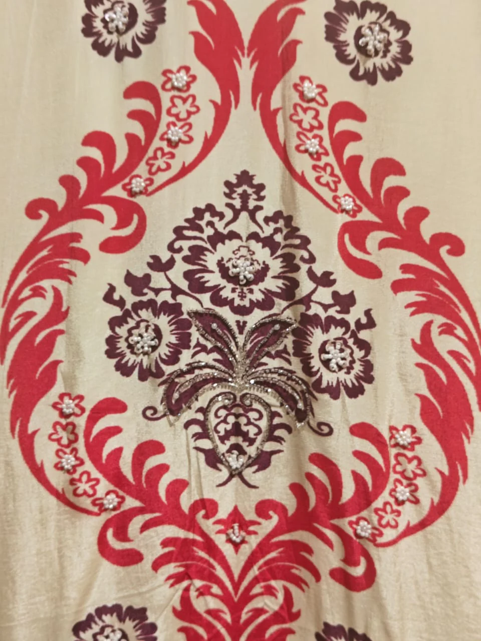 Cream Digital Print Handwork Crepe Kurtha 533 - Image 4