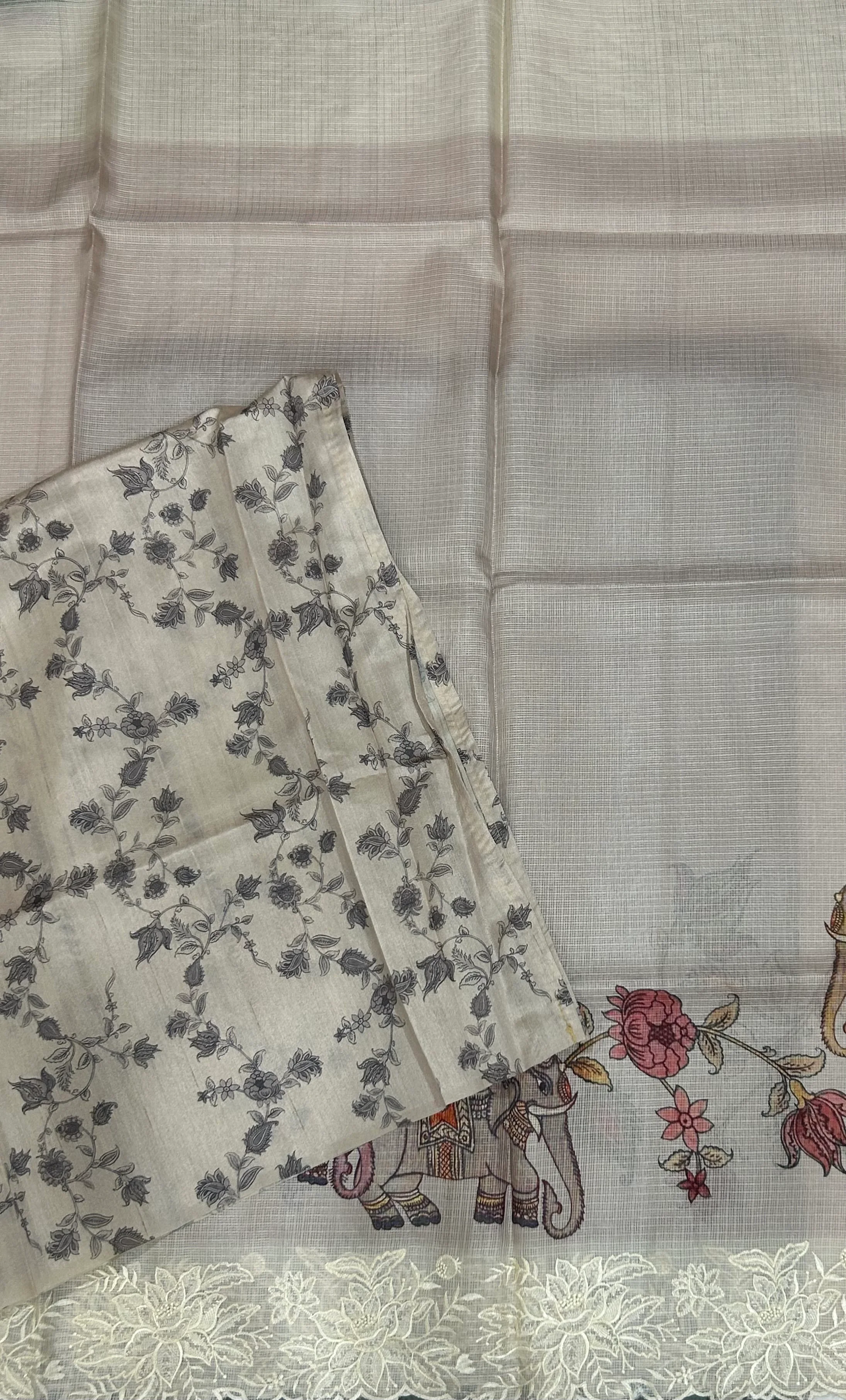 Beige digital print Kota checks 104 saree - Image 3