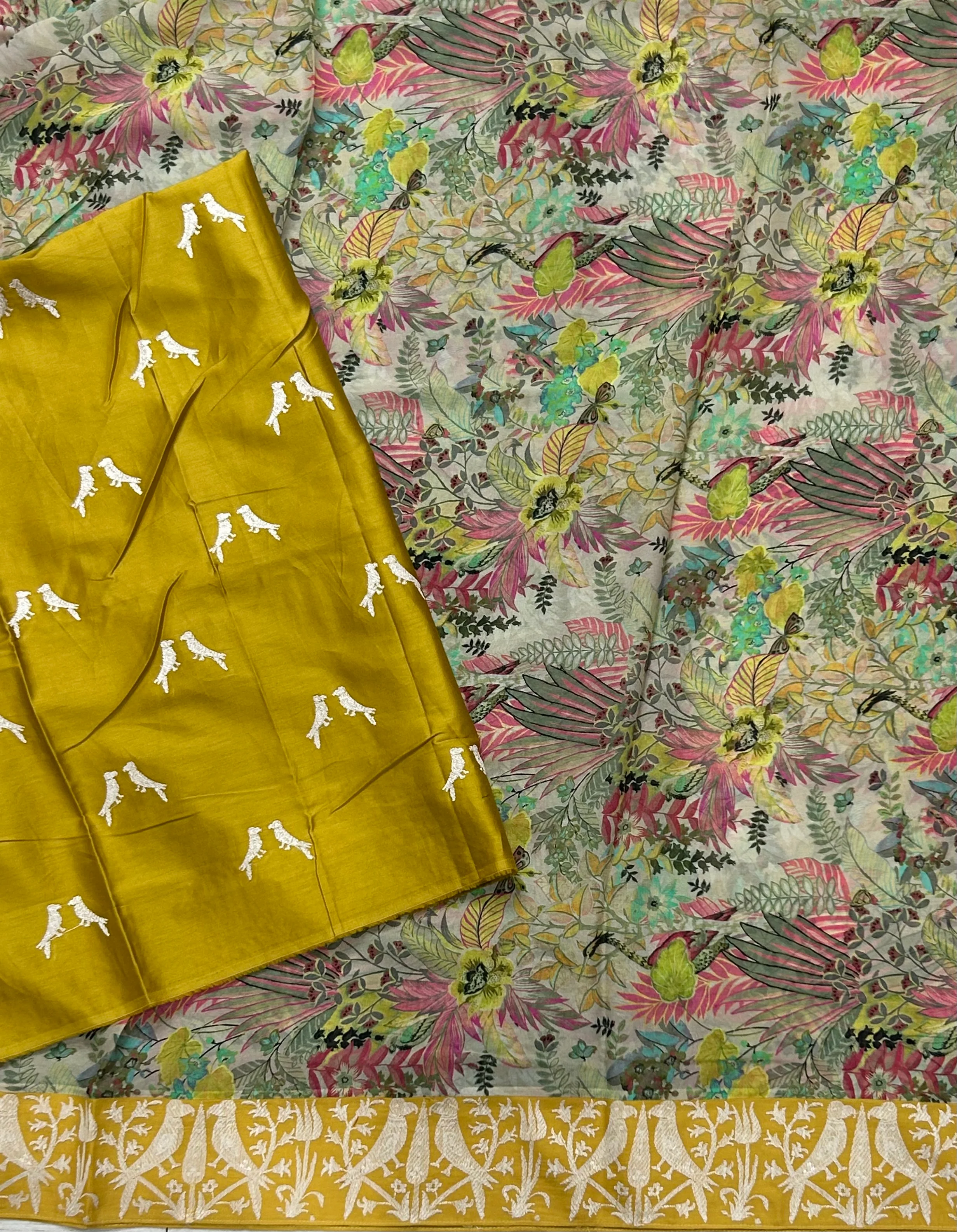 Cream n yellow digital printed border 104 chinnon saree - Image 3