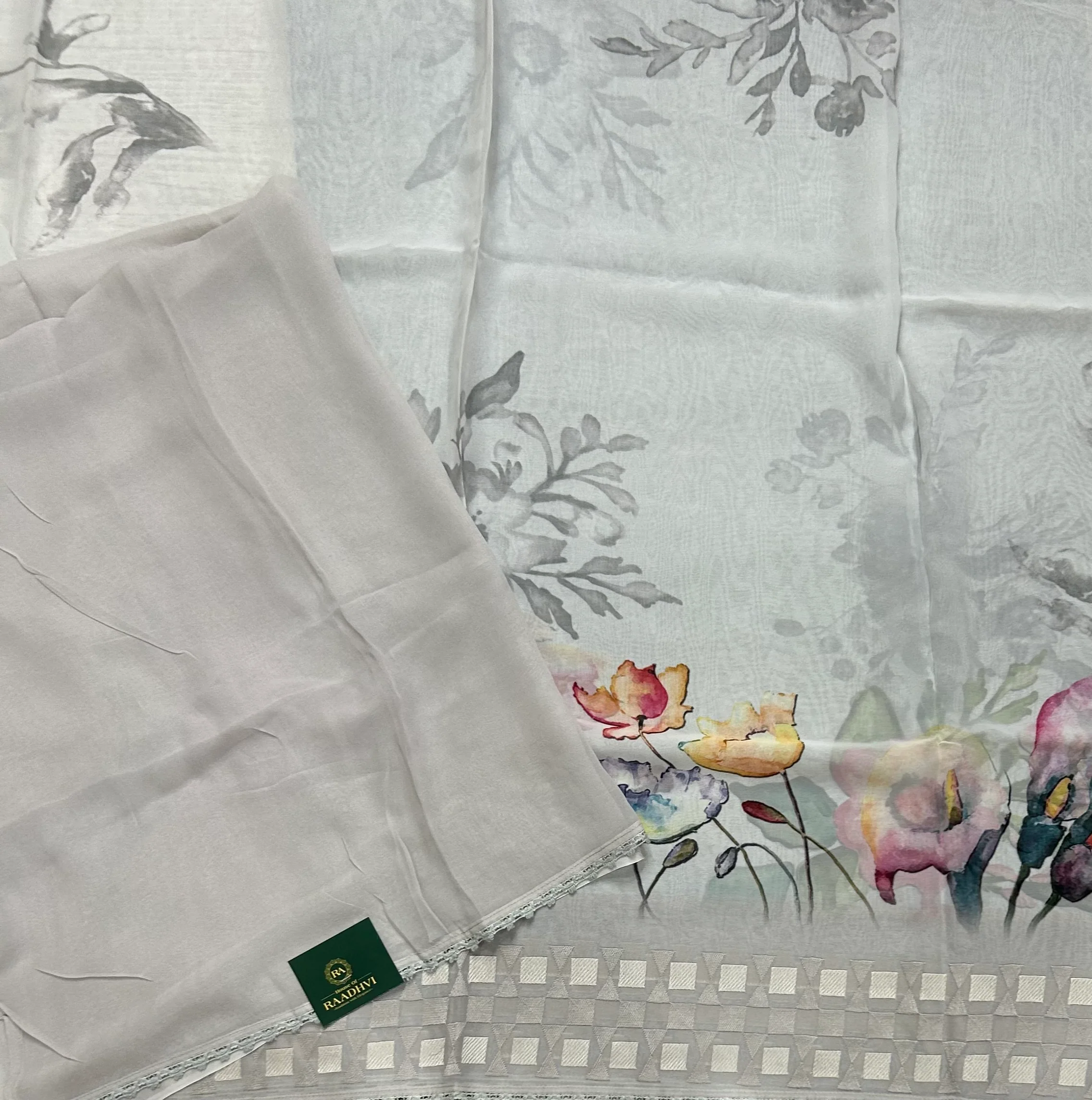 Cream digital printed border 104 chinnon saree - Image 3
