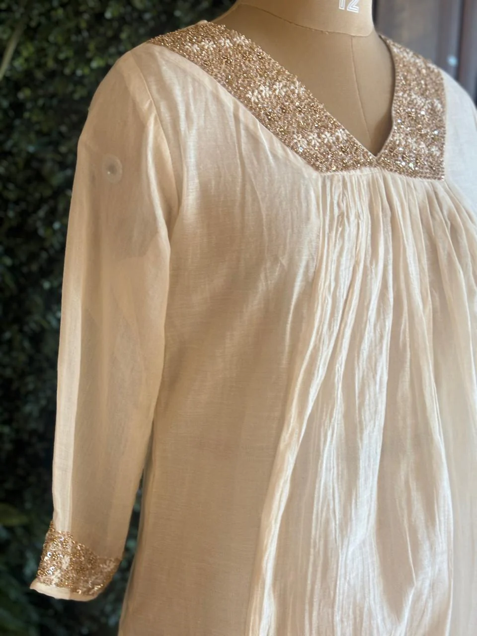 Cream  Mul Chanderi Hand Embroidery Airline Kurtha 324 - Image 4