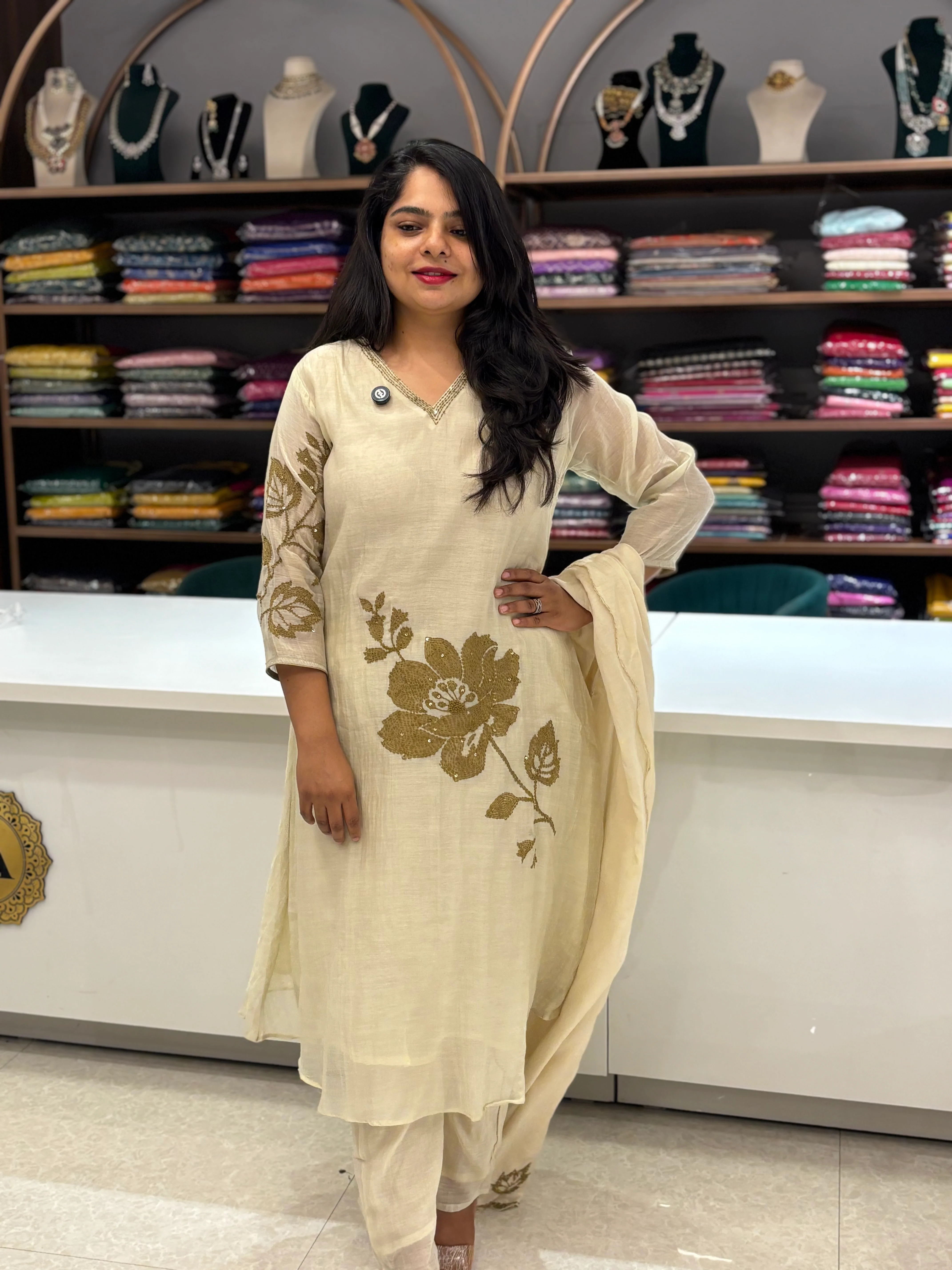 Cream Mul Chanderi Hand Embroidery Airline Kurtha 616 - Image 2