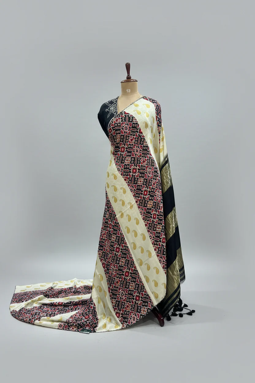 Cream n black Patola modal satin 102 saree - Image 2