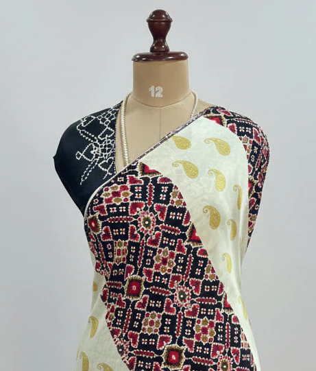 Cream n black Patola modal satin 102 saree - Image 3