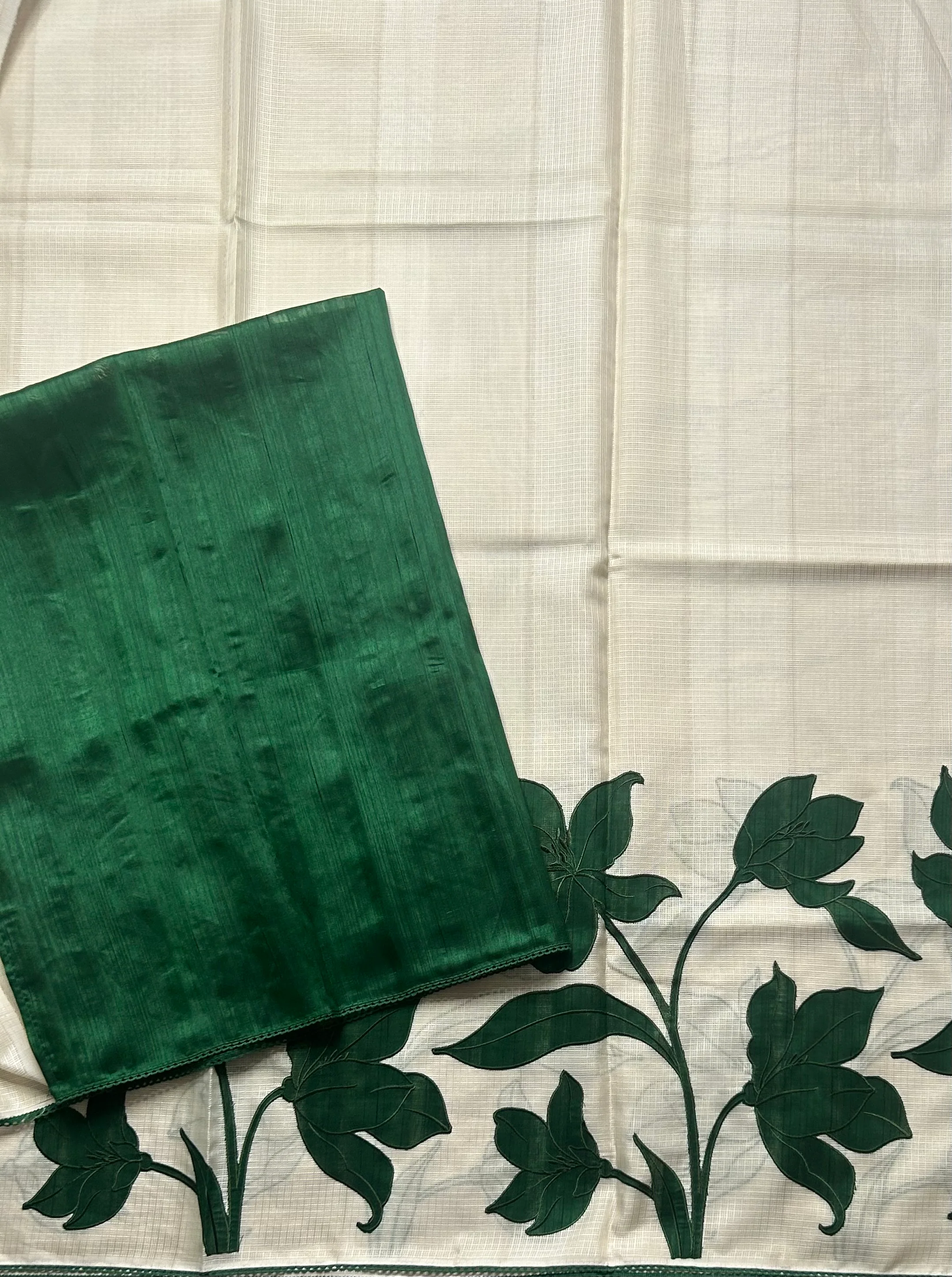 Cream n bottle green kota checks Appliqué work saree - Image 3