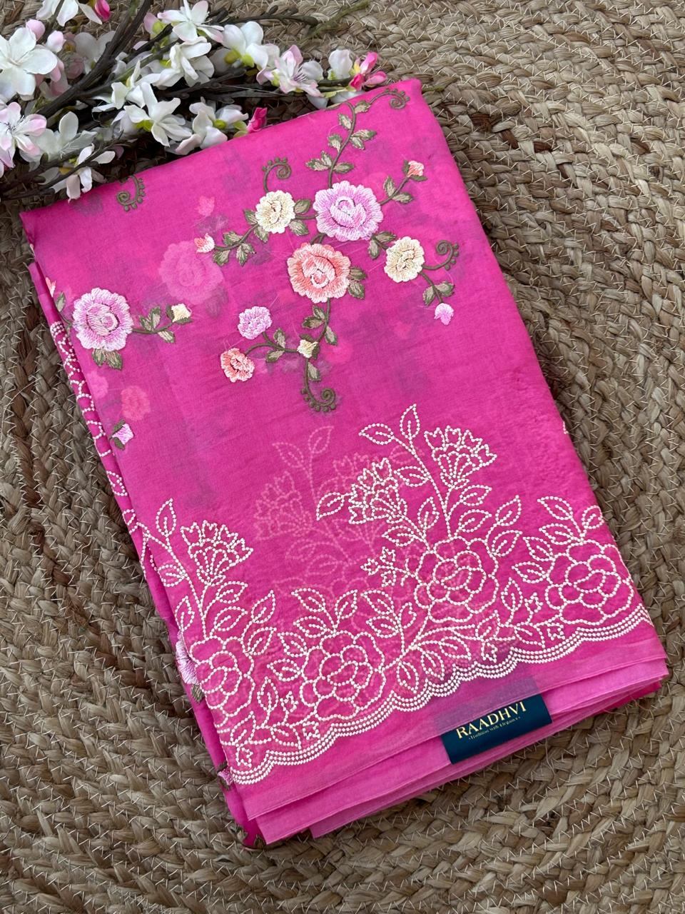 Pink Premium Pure Organza Allover Embroidery work-09 Saree - Image 3
