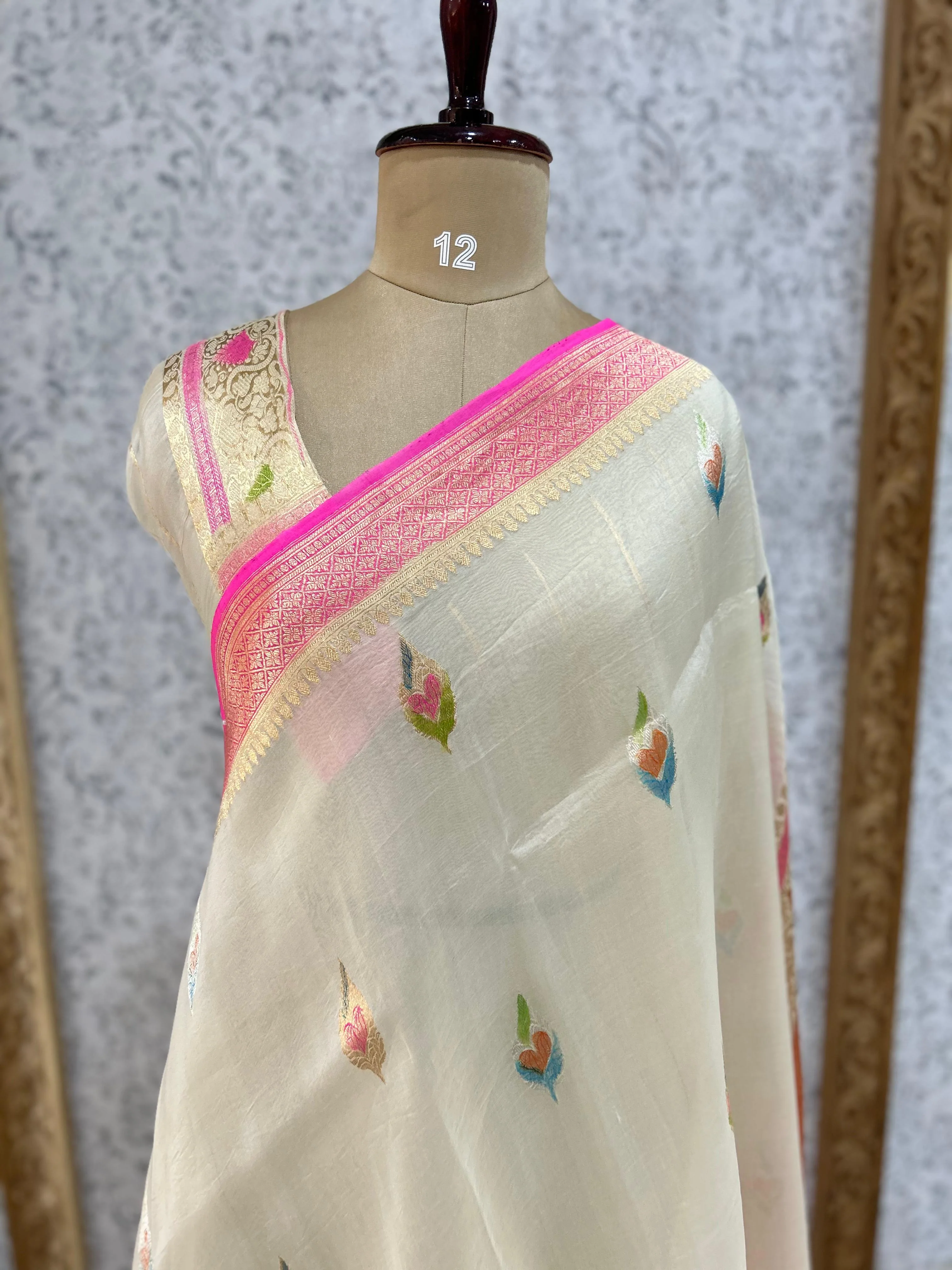 Cream pure kora organza-07 saree - Image 3