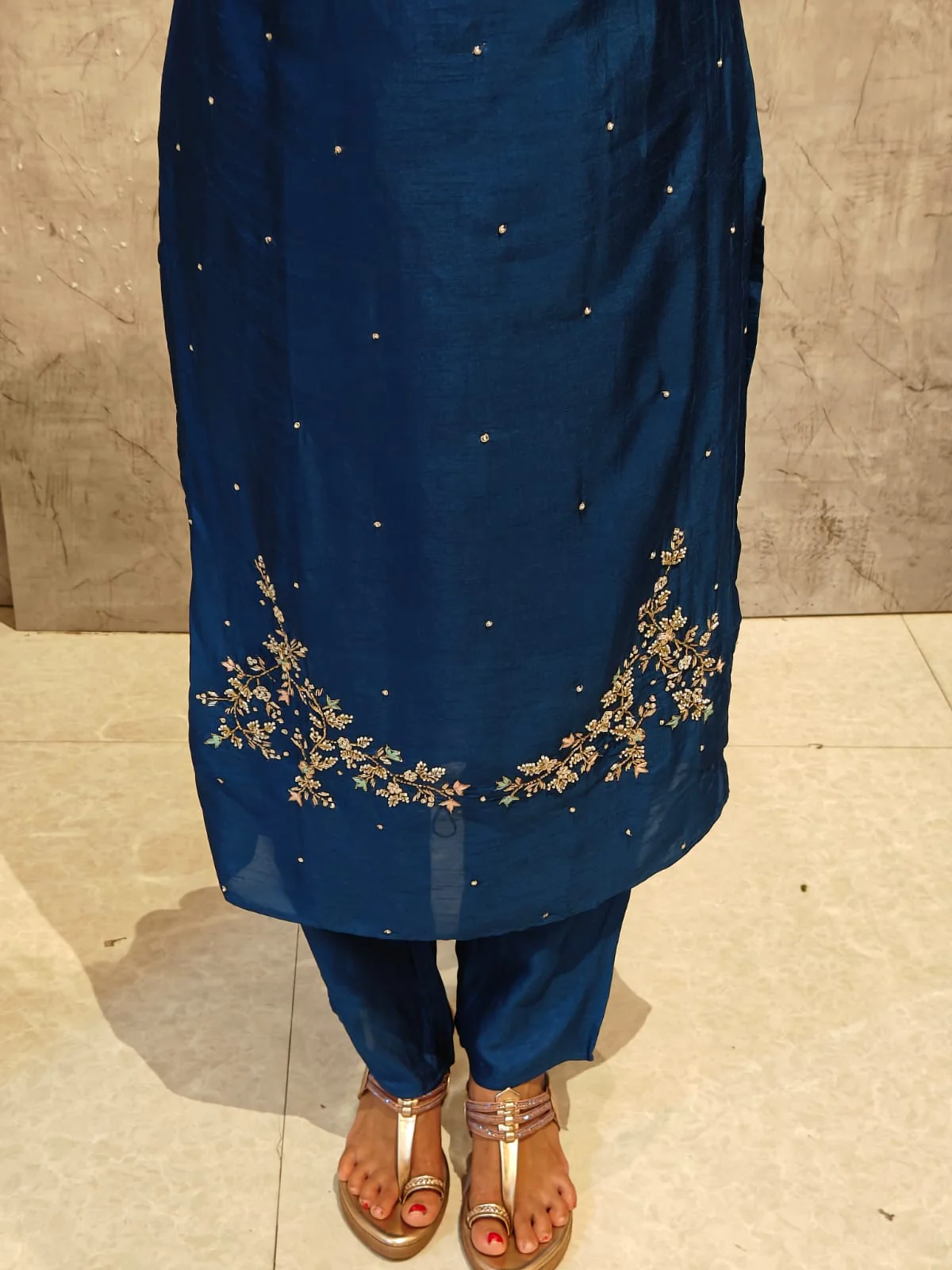 Dark Blue Dola Silk Hand Embroidery Straight Fit Kurtha 543 - Image 3