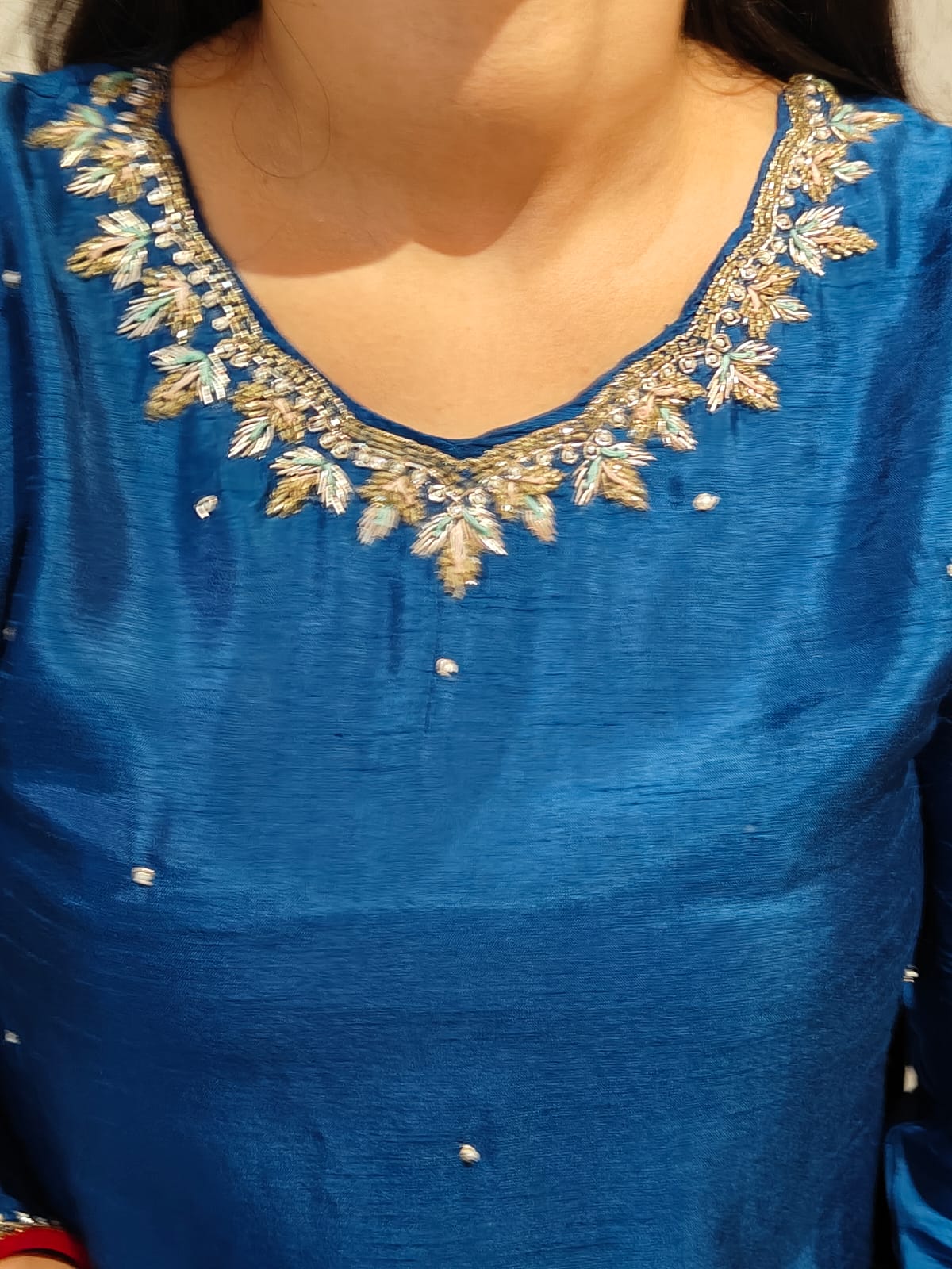 Dark Blue Dola Silk Hand Embroidery Straight Fit Kurtha 543 - Image 4