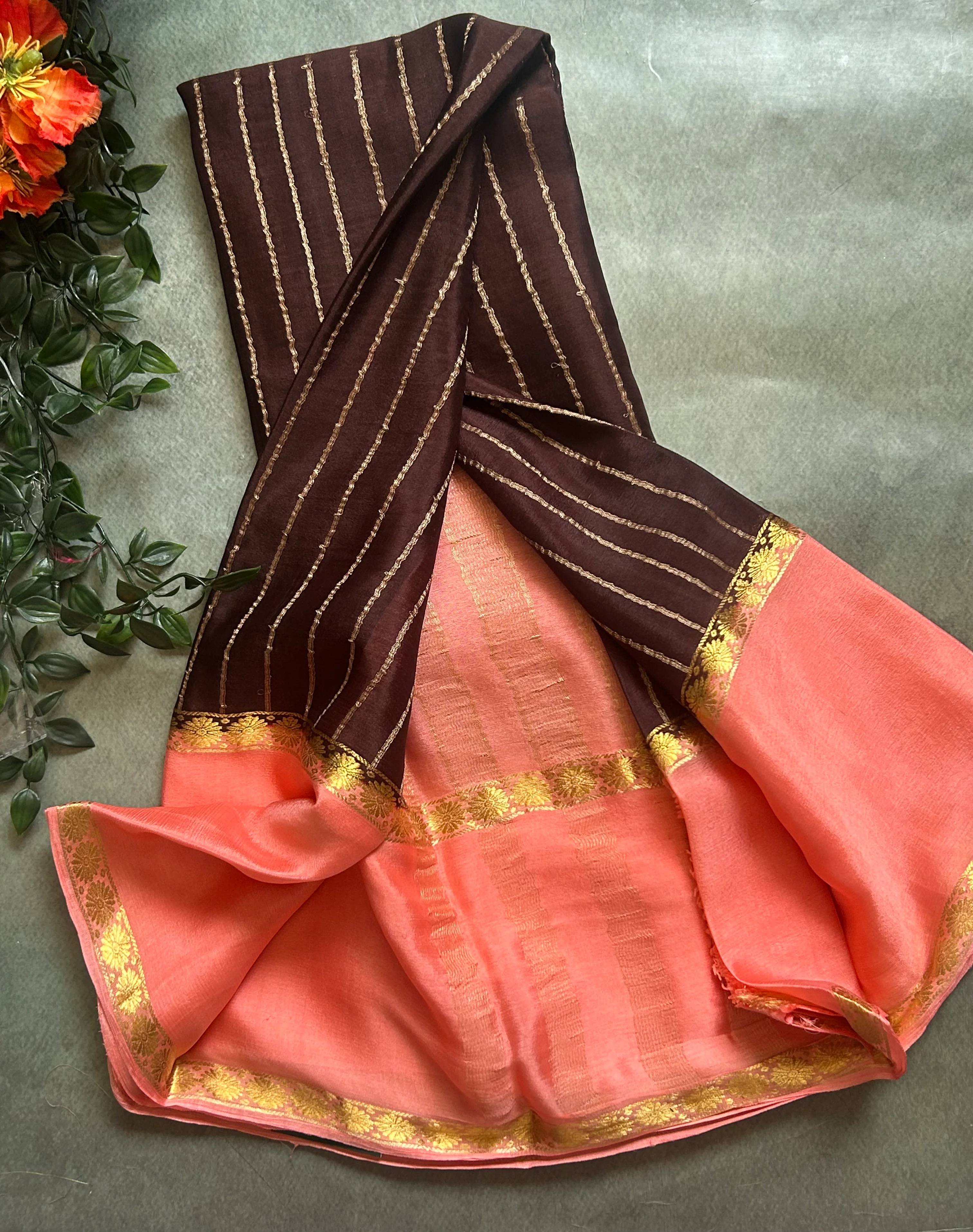 Dark brown n peach pure wrinkle 103 crepe silk saree - Image 2