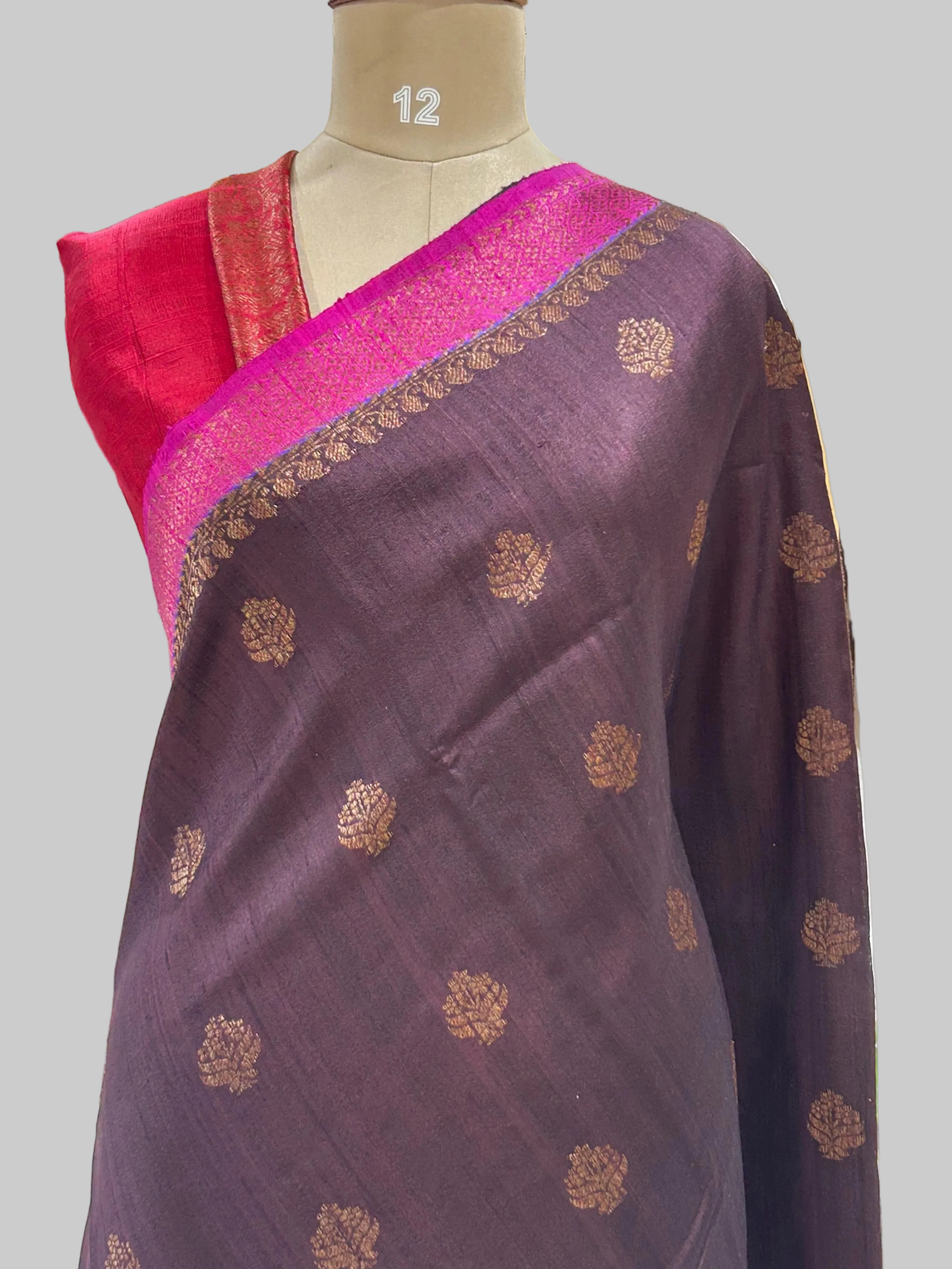 Dark brown small butta pure tussar crepe 104 silk saree - Image 2