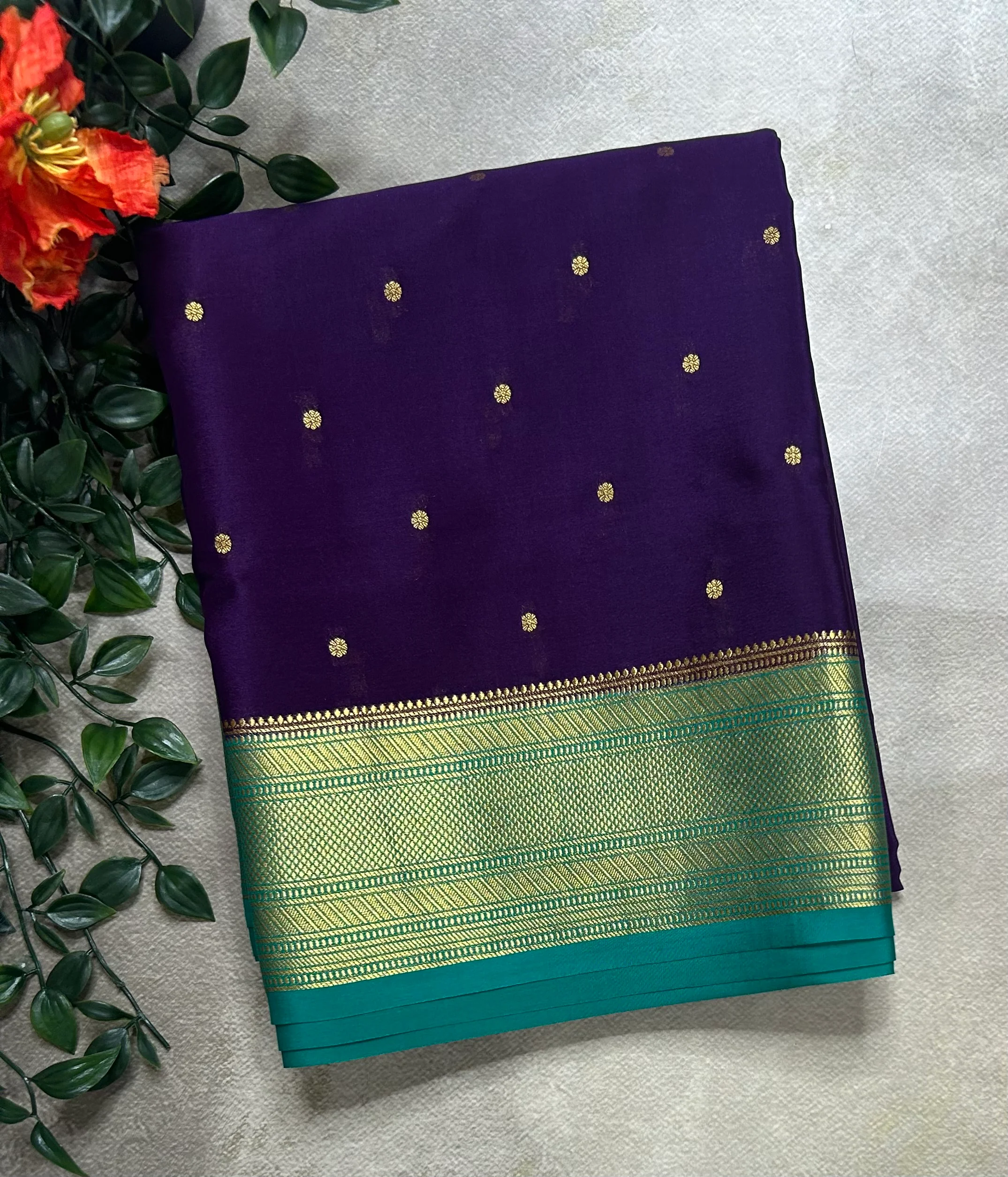 Dark purple n Rama green small border pure Mysore silk-104 saree