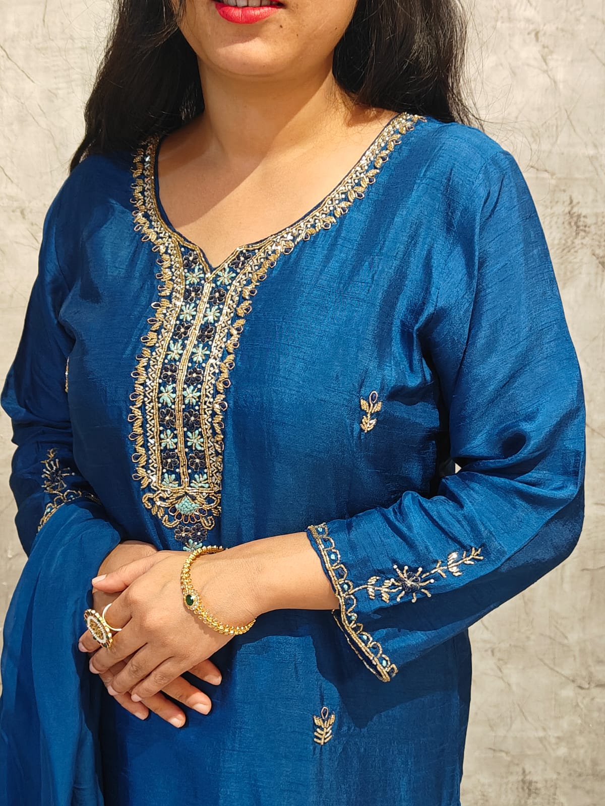 Royal Blue Dola Silk Hand Embroidery Straight Fit  kurtha 543 - Image 3