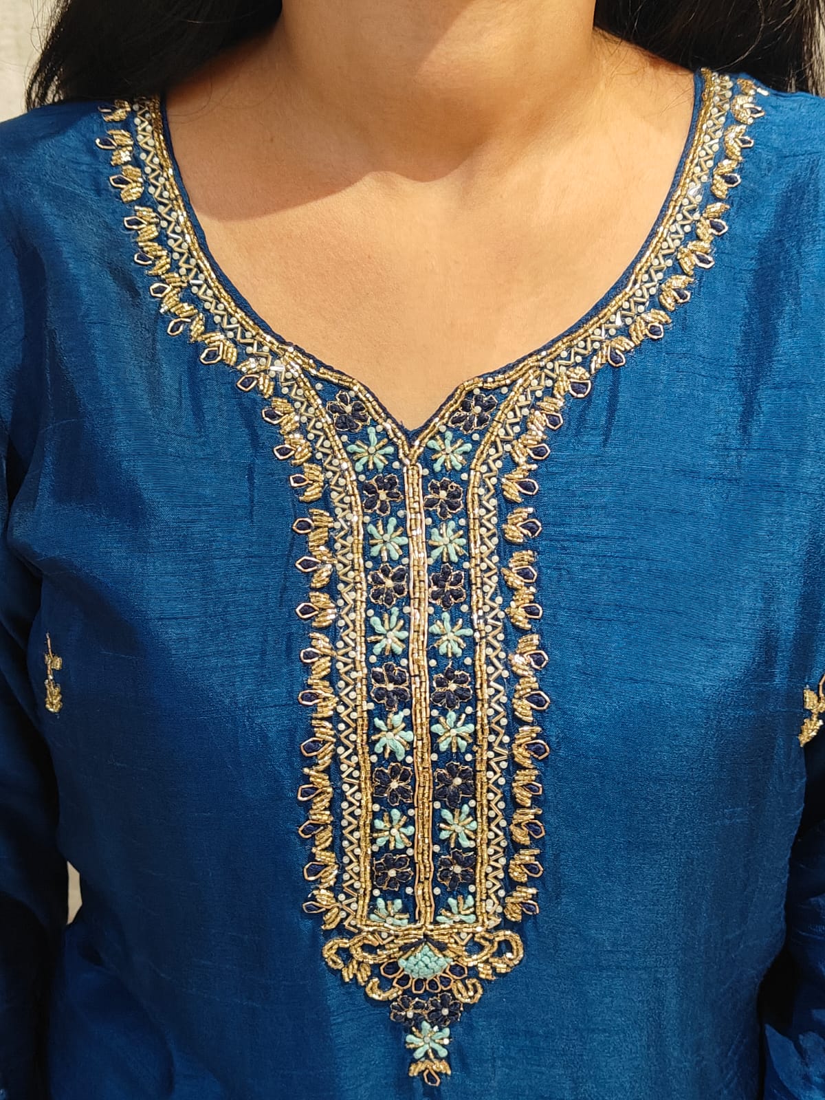 Royal Blue Dola Silk Hand Embroidery Straight Fit  kurtha 543 - Image 4