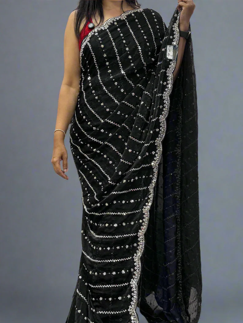 Black Elegant Party Wear Saree with Scallop Border Design – Graceful & Stylish,party wear scallop-09 - Image 3