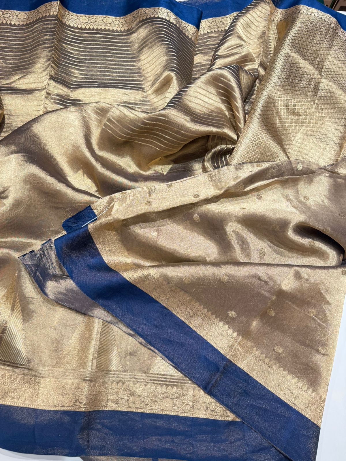 Gold blue Pure tissue satin border Benarasi - Image 2