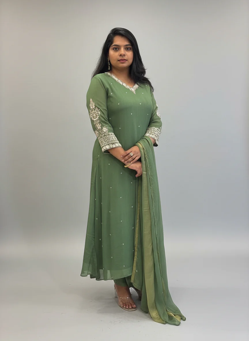 Green Anarkali Chinnon Hand Embroidery Kurtha 16 - Image 2
