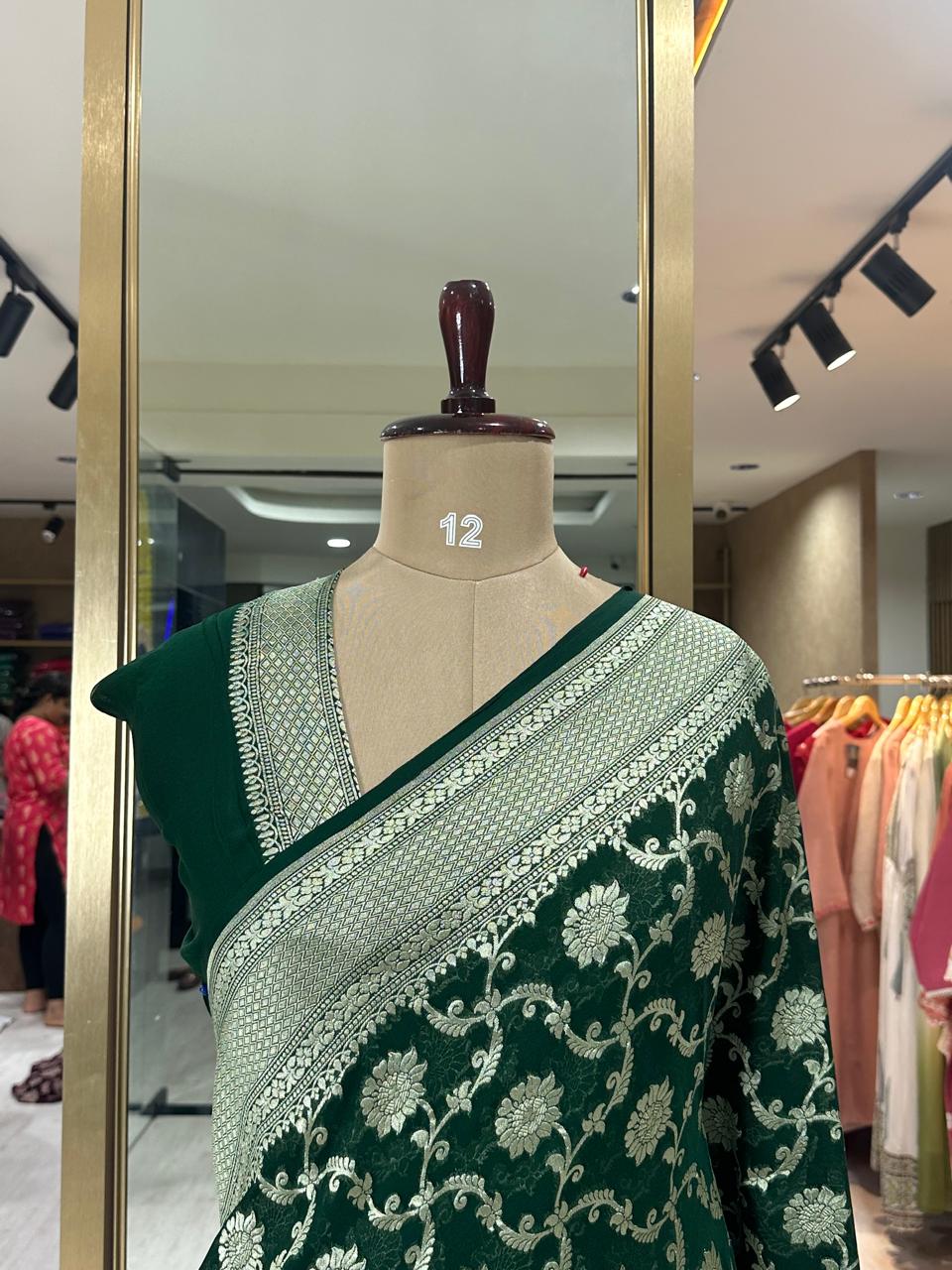 Green Banarasi Pure Georgette Saree with Water Zari – Handwoven Luxury for Weddings & Festive Wear - Image 3