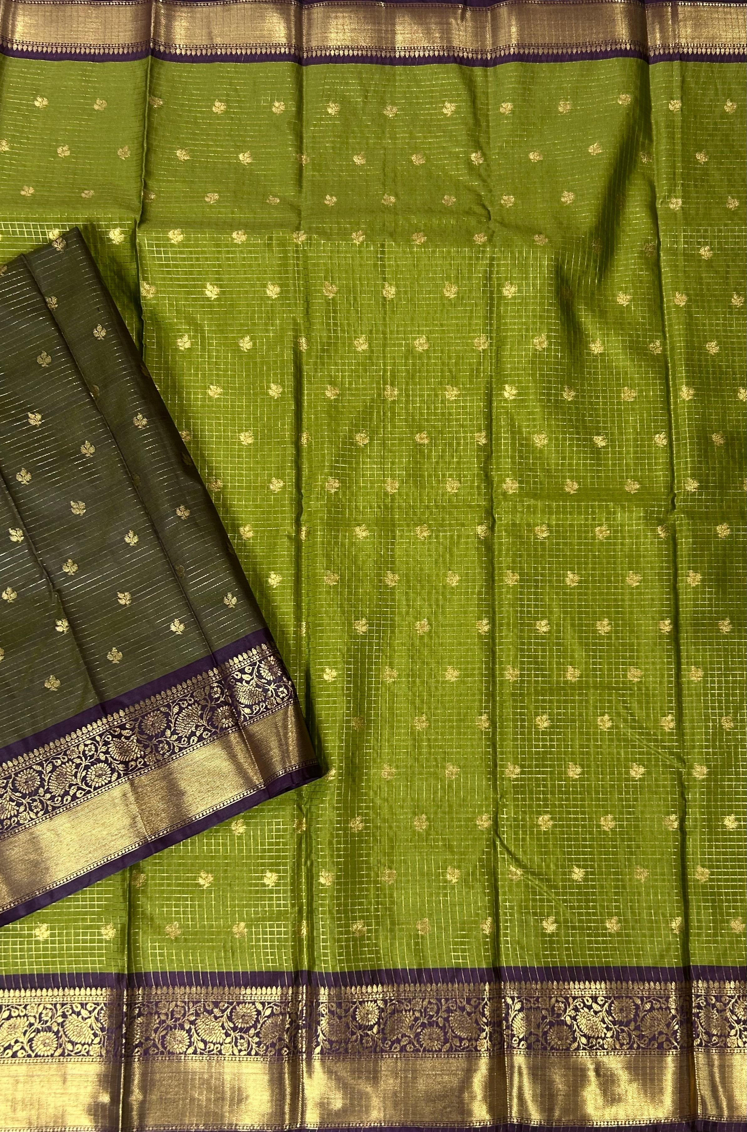 Green checks design semi kanchi-12 saree - Image 4