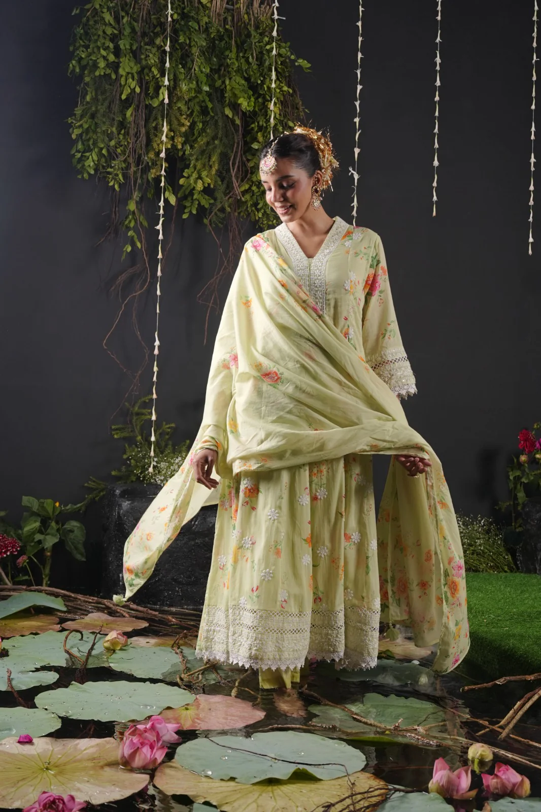 Green Cotton Anarkali Thread Embroidery Flower Print Kurtha 742 - Image 3